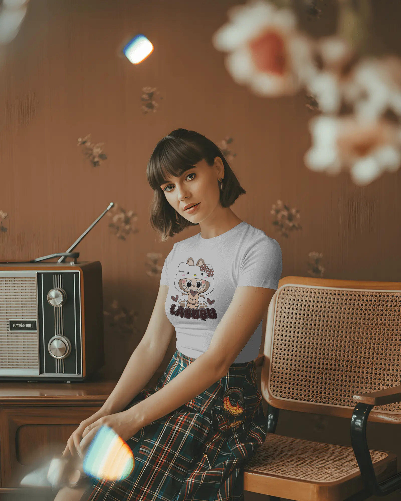 Woman sitting on a chair wearing white regular fit Labubu tshirt in a room with a vintage radio and floral decorations.