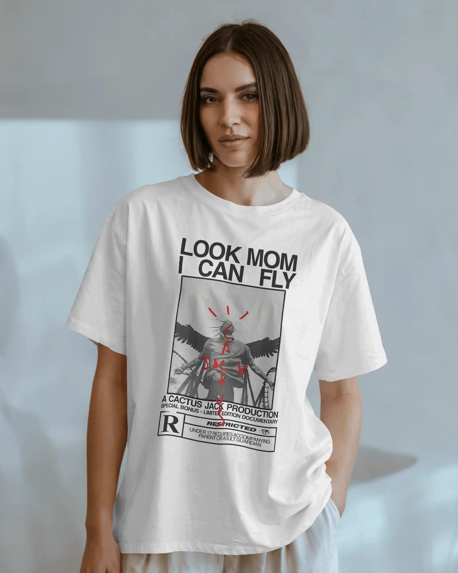 avis Scott 'Look Mom I Can Fly' white t-shirt from Nitorious Atelier. Crafted from heavy cotton with a clean oversized fit and striking graphic print.