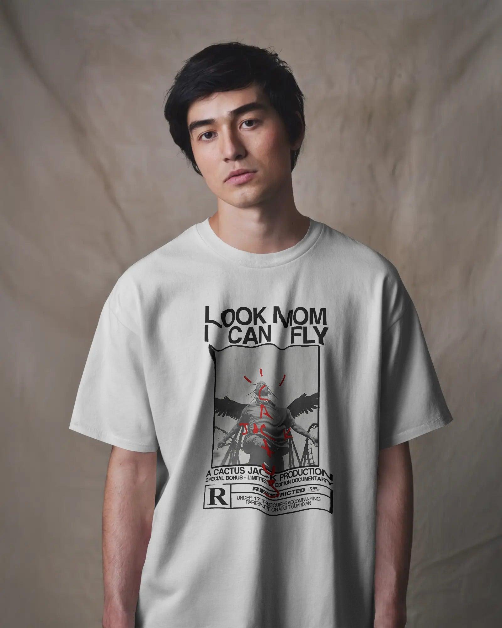 avis Scott 'Look Mom I Can Fly' white t-shirt from Nitorious Atelier. Crafted from heavy cotton with a clean oversized fit and striking graphic print.