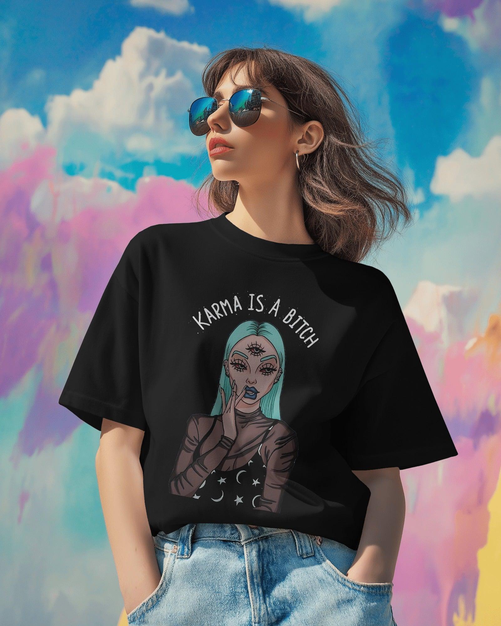 Oversized black t-shirt for women featuring the bold statement "Karma is a Bitch" in a striking font. Made from premium cotton, this t-shirt offers a relaxed fit for ultimate comfort. Its edgy design makes a powerful style statement, perfect for casual and streetwear looks.