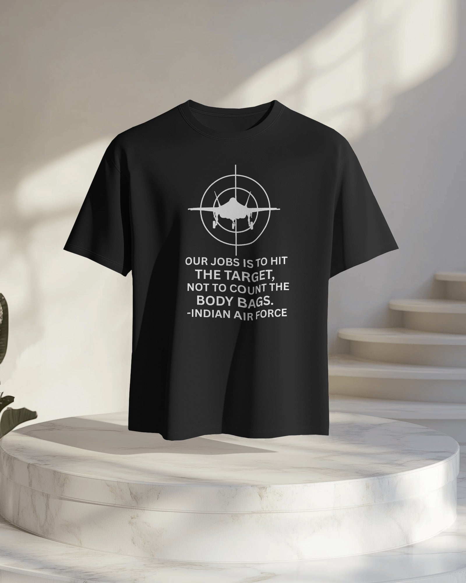 Indian Air Force-themed t-shirt by Nitorious Atelier featuring a bold fighter jet graphic and patriotic design. Made from premium cotton for comfort and durability, perfect for aviation enthusiasts and supporters of the armed forces