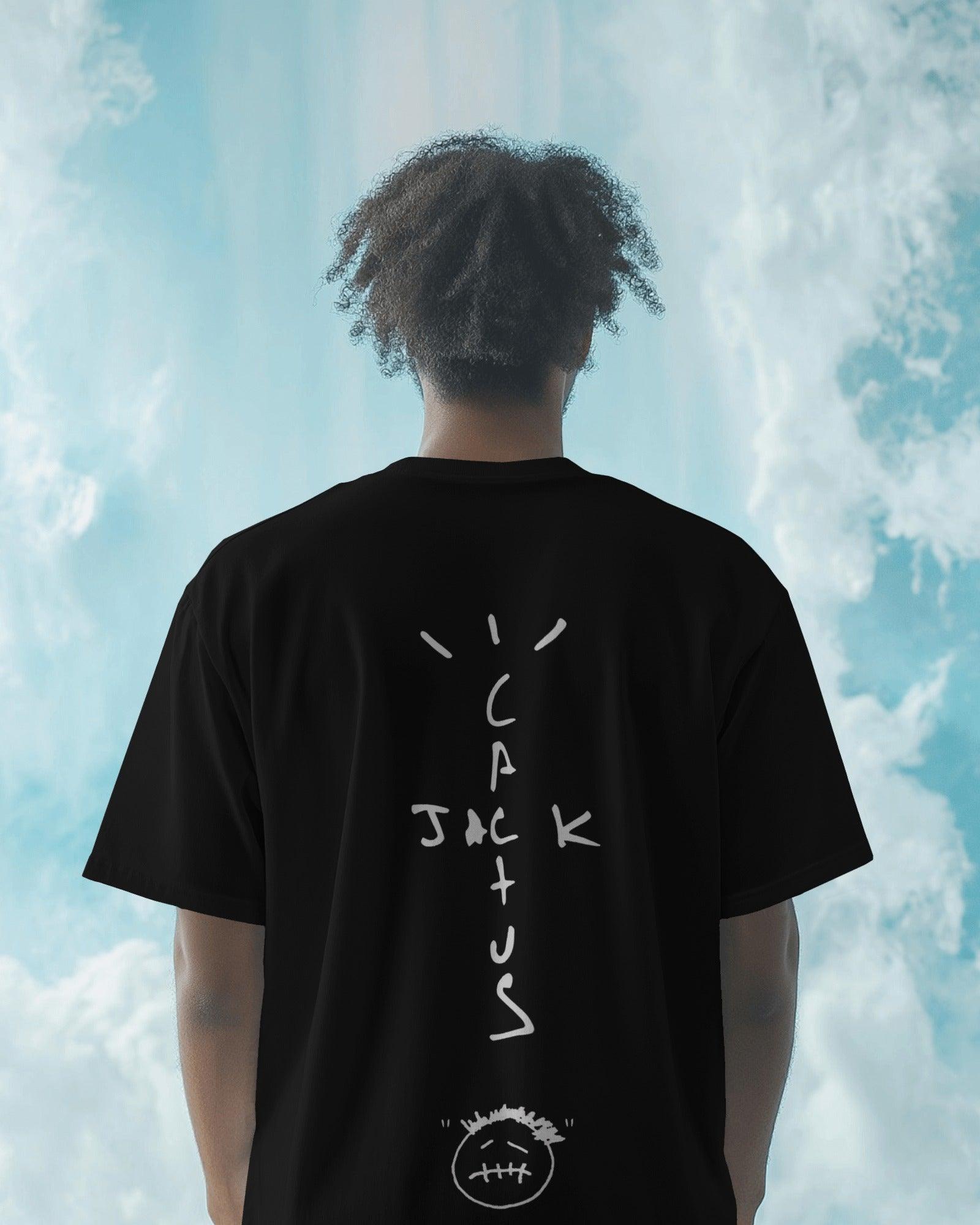 Oversized black Cactus Jack t-shirt by Nitorious Atelier, inspired by Travis Scott. Made from soft cotton with bold front and back graphics.