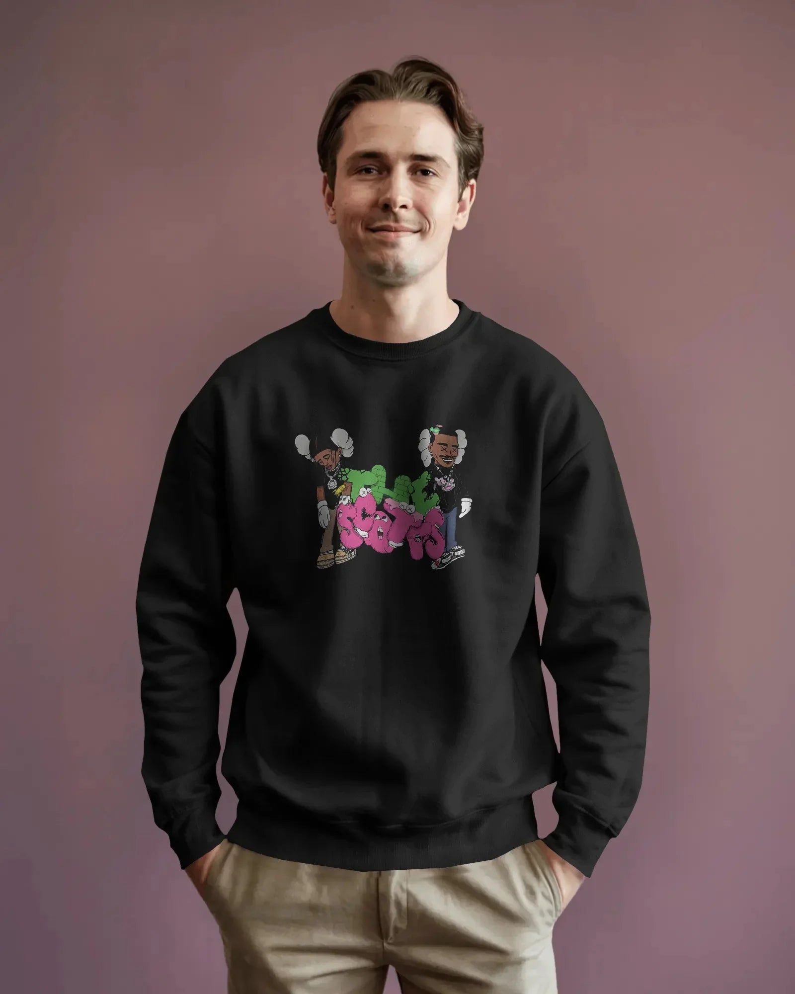 Black Travis Scott sweatshirt featuring bold graphic elements inspired by the rapper’s signature style. Made from premium cotton blend for comfort and streetwear appeal. Ideal for fans of hip-hop fashion and statement looks.