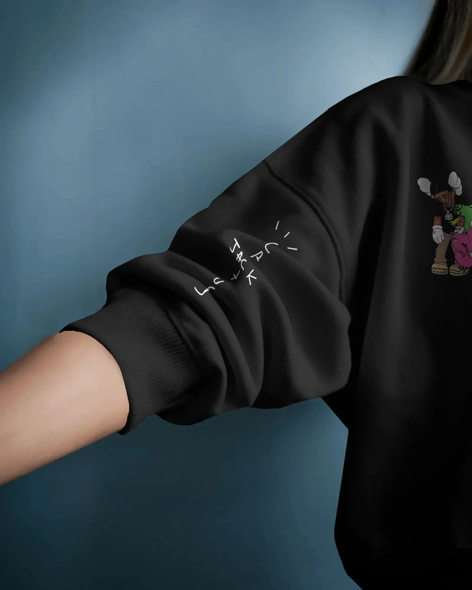 Black Travis Scott sweatshirt featuring bold graphic elements inspired by the rapper’s signature style. Made from premium cotton blend for comfort and streetwear appeal. Ideal for fans of hip-hop fashion and statement looks.