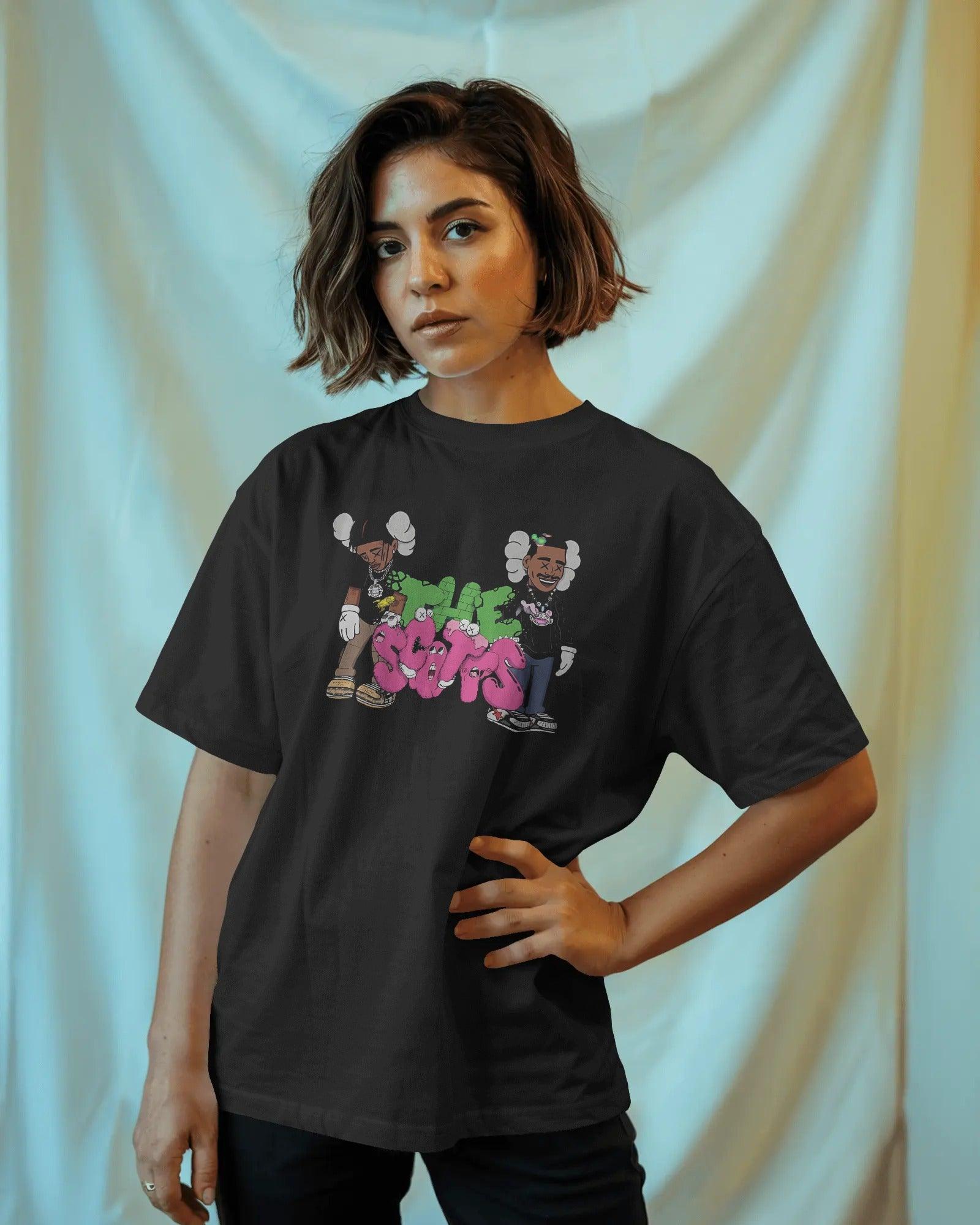 Black Cactus Jack t-shirt from Nitorious Atelier featuring Travis Scott-inspired graphic. Made from premium 220 GSM cotton with an oversized fit for a bold streetwear look