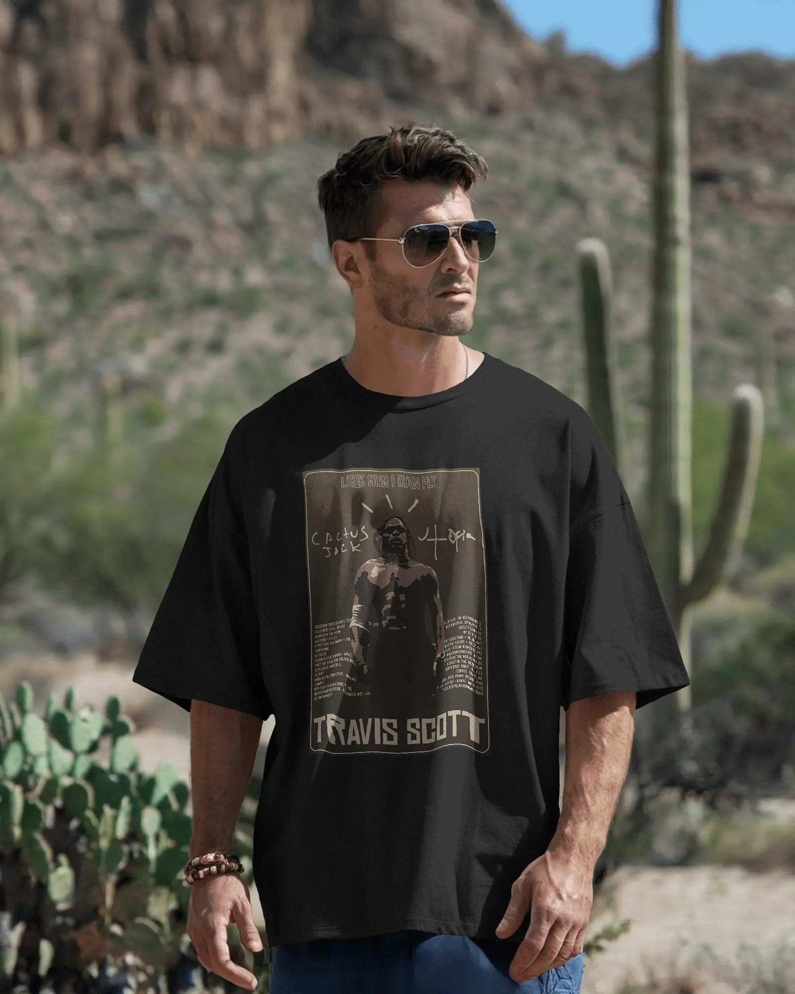 "Black oversized Travis Scott concert t-shirt from Nitorious Atelier, made with premium 220 GSM cotton. Features bold graphic print and a streetwear-inspired fit for a stylish, statement look