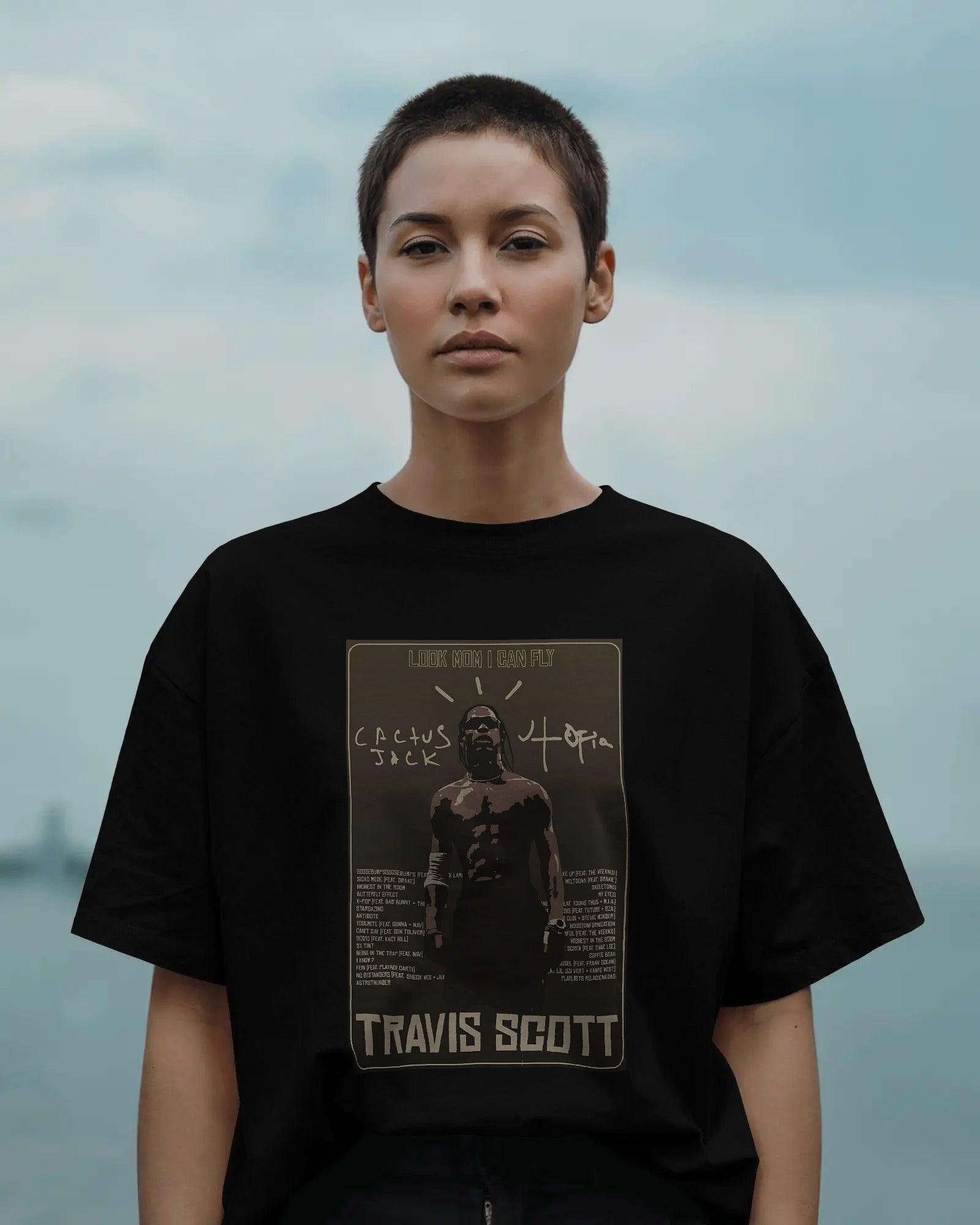 "Black oversized Travis Scott concert t-shirt from Nitorious Atelier, made with premium 220 GSM cotton. Features bold graphic print and a streetwear-inspired fit for a stylish, statement look