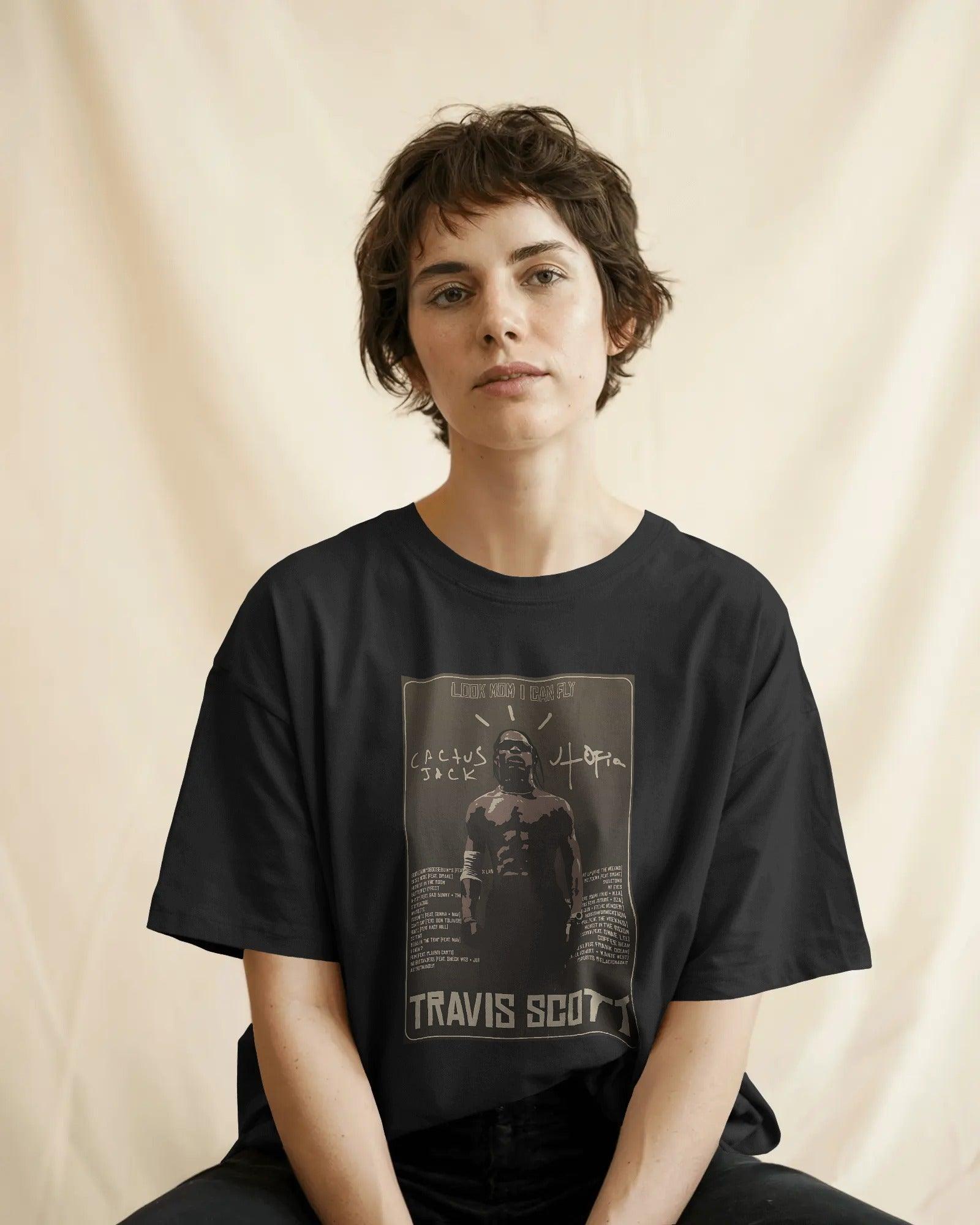 "Black oversized Travis Scott concert t-shirt from Nitorious Atelier, made with premium 220 GSM cotton. Features bold graphic print and a streetwear-inspired fit for a stylish, statement look