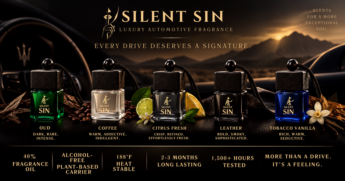 A green glass car air freshener bottle with a black cap and a black cord, featuring the text 'Silent SIN' and a gold graphic, displayed on a car seat with a BMW steering wheel in the background.