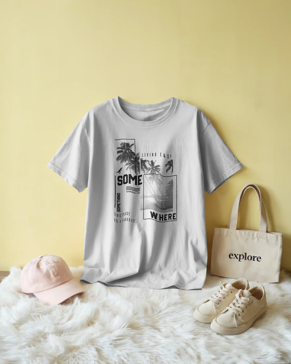 White regular fit tshirt from Nitorious Atelier featuring a serene beach-themed graphic print. Made with premium cotton for a soft, breathable, and durable feel.