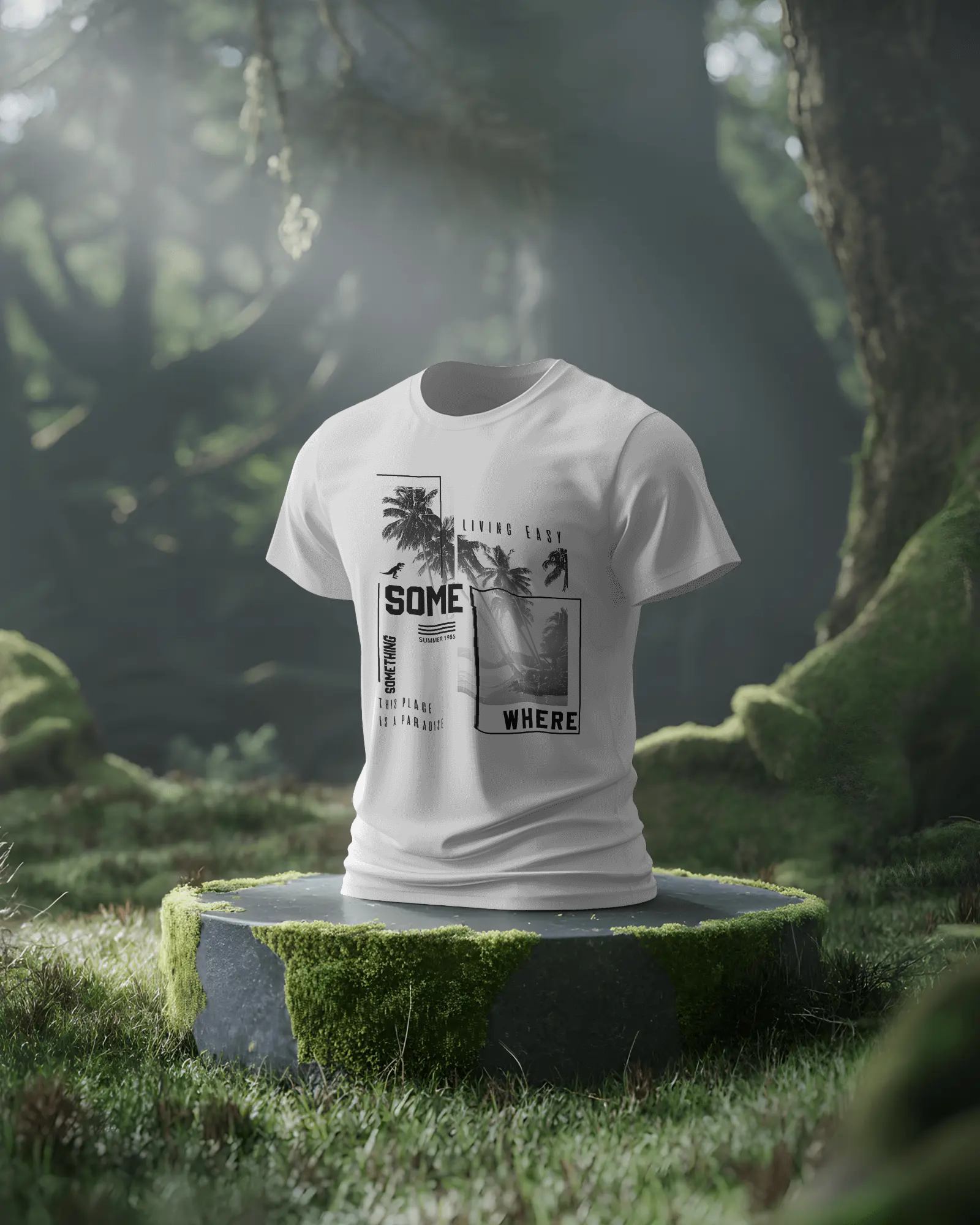 White regular fit tshirt from Nitorious Atelier featuring a serene beach-themed graphic print. Made with premium cotton for a soft, breathable, and durable feel.