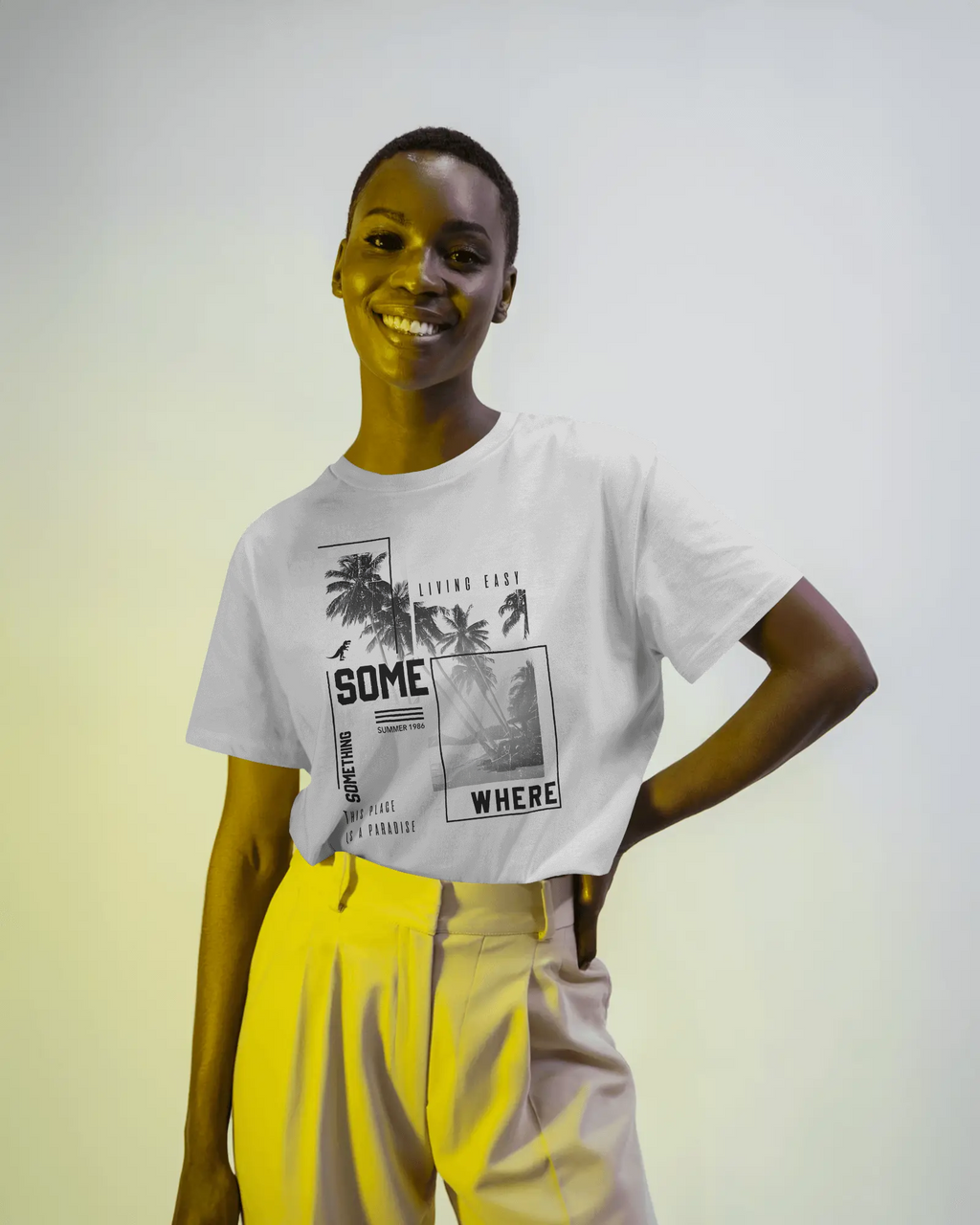 White regular fit tshirt from Nitorious Atelier featuring a serene beach-themed graphic print. Made with premium cotton for a soft, breathable, and durable feel.