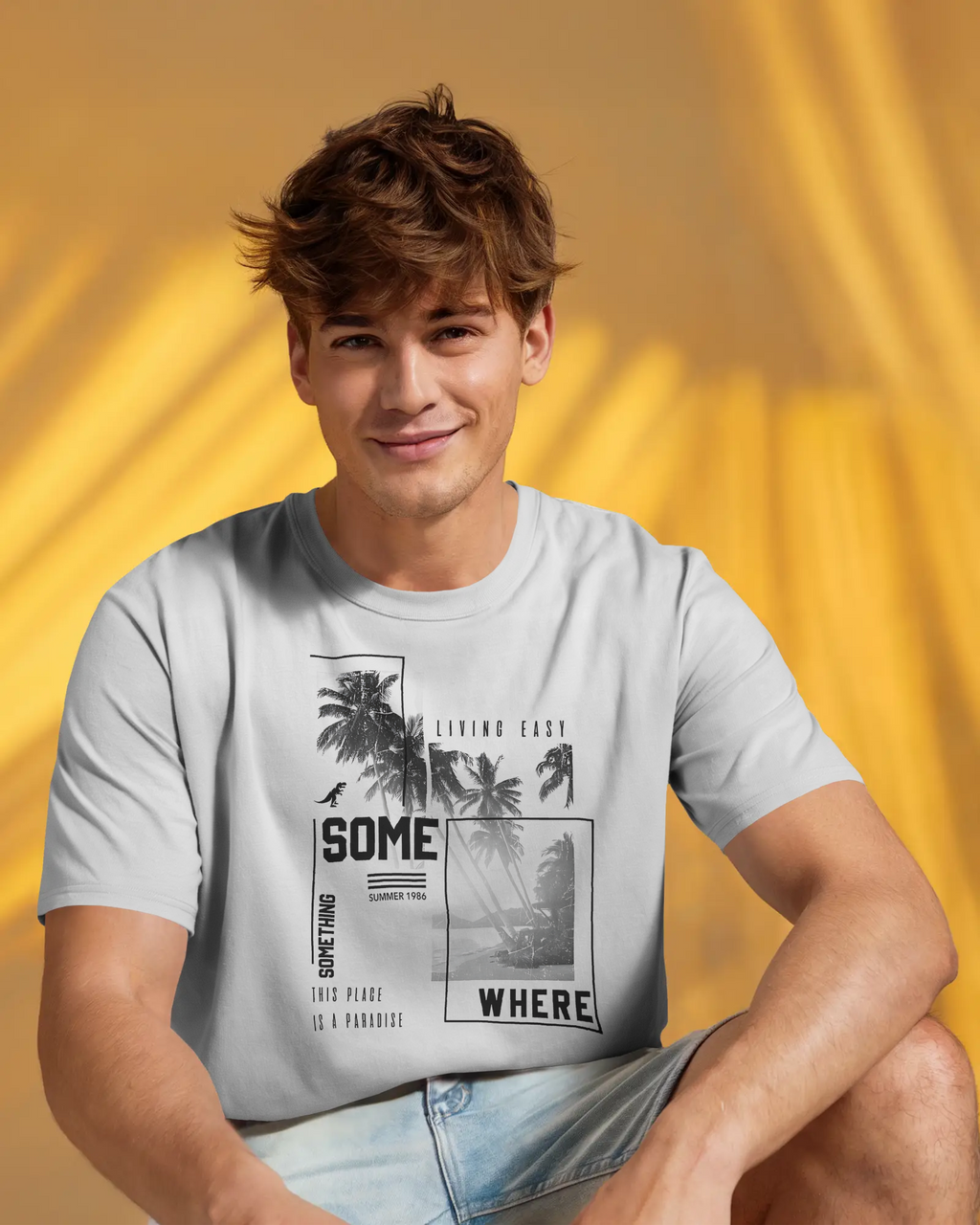 White regular fit tshirt from Nitorious Atelier featuring a serene beach-themed graphic print. Made with premium cotton for a soft, breathable, and durable feel.