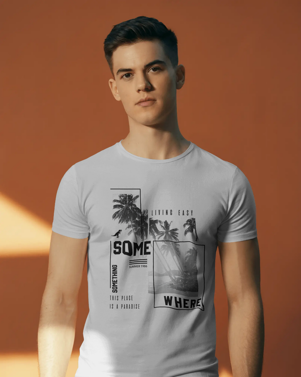 White regular fit tshirt from Nitorious Atelier featuring a serene beach-themed graphic print. Made with premium cotton for a soft, breathable, and durable feel.