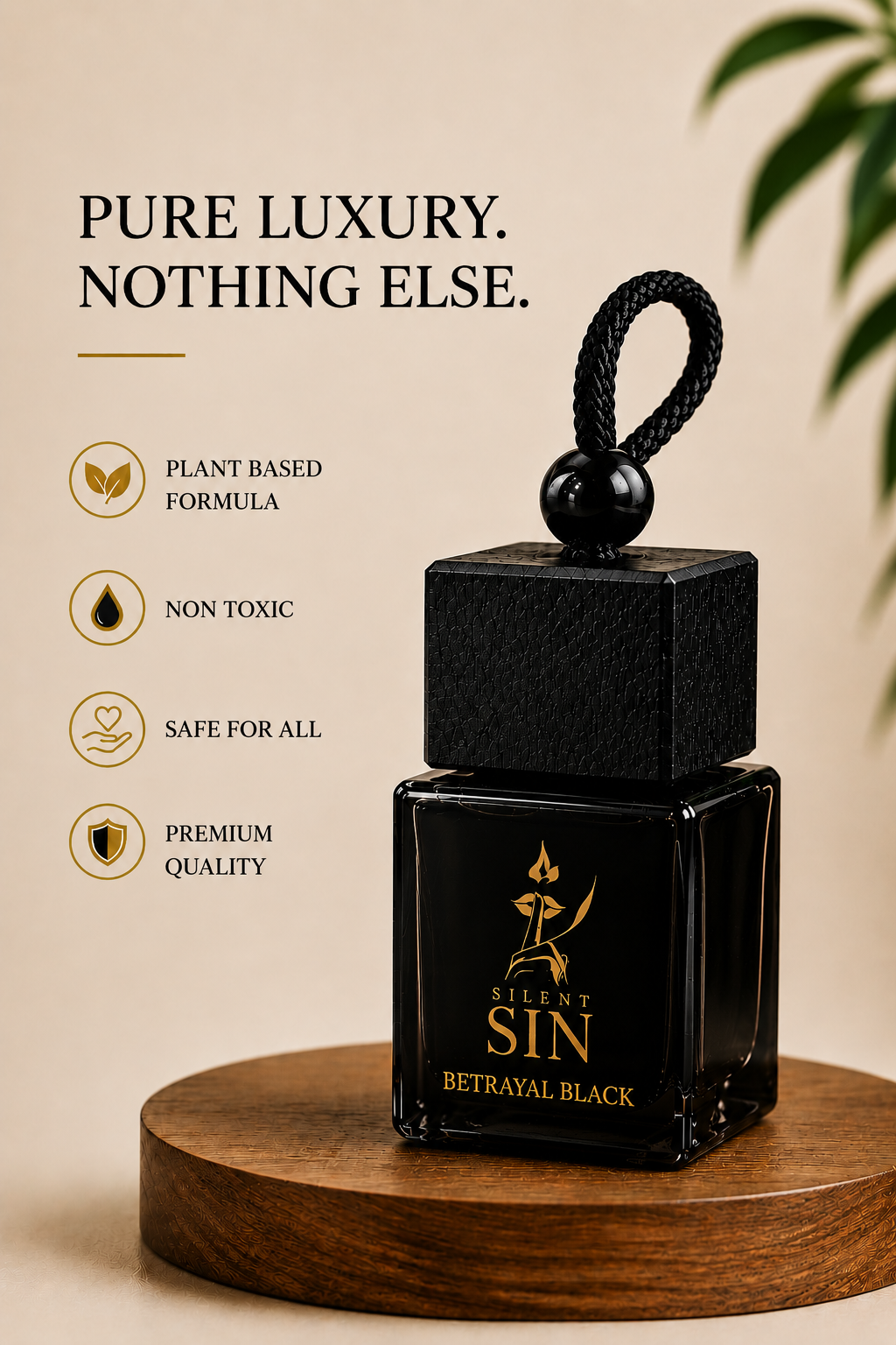 A black rectangular perfume bottle with a matching black cap and hanging loop, placed on a round wooden pedestal. The bottle has gold text reading 'SILENT SIN' and 'BETRAYAL BLACK.