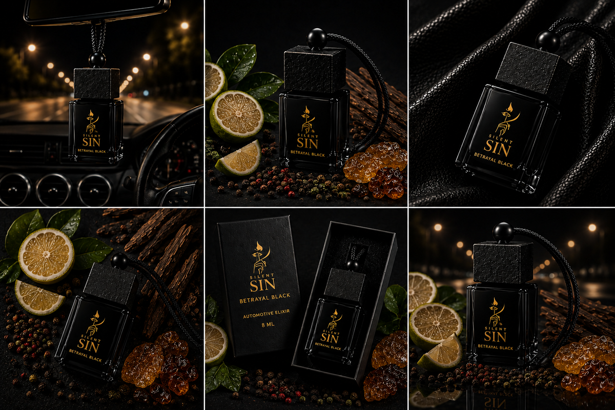 Six-panel collage showing a black rectangular perfume bottle labeled 'SIN' and 'BETRAYAL, BLACK' in gold lettering, presented with its box and surrounded by dark moody props including sliced limes, spices, and a car interior. The product appears to be an automotive fragrance.