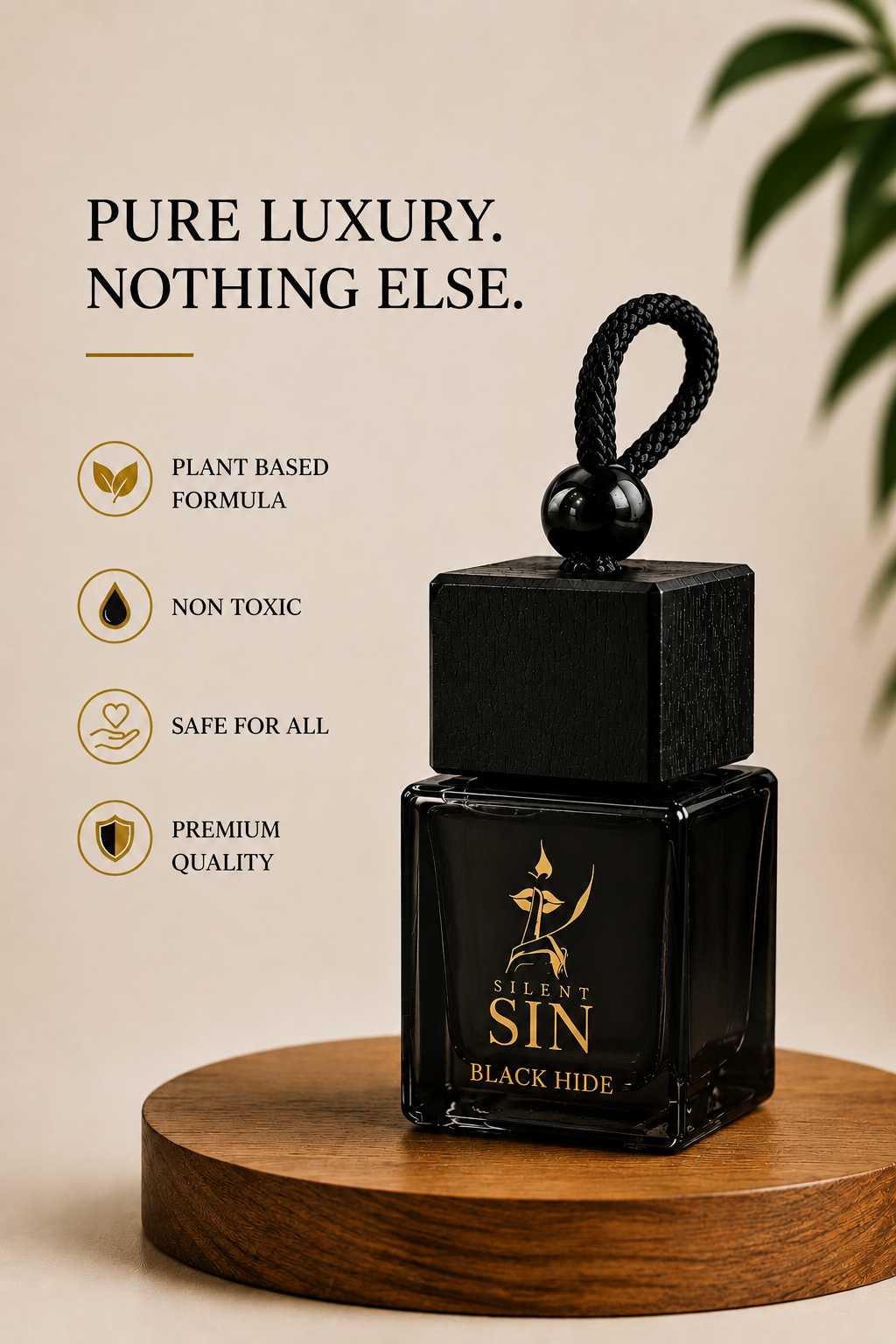 A black glass bottle of 'Silent  Sin' Black Hide New car leather fragrance oil with a black cap and loop, displayed on a wooden pedestal against a beige background with promotional text and leaf graphics. Silent Sin Automotive Elixir Car Fragrance