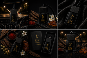 Six-panel collage showing a black car air freshener bottle labeled 'Silent SIN BLACK HIDE' in gold lettering, presented with its box and styled with spices, flowers, and dark textured surfaces. Silent Sin Automotive Elixir Car Fragrance