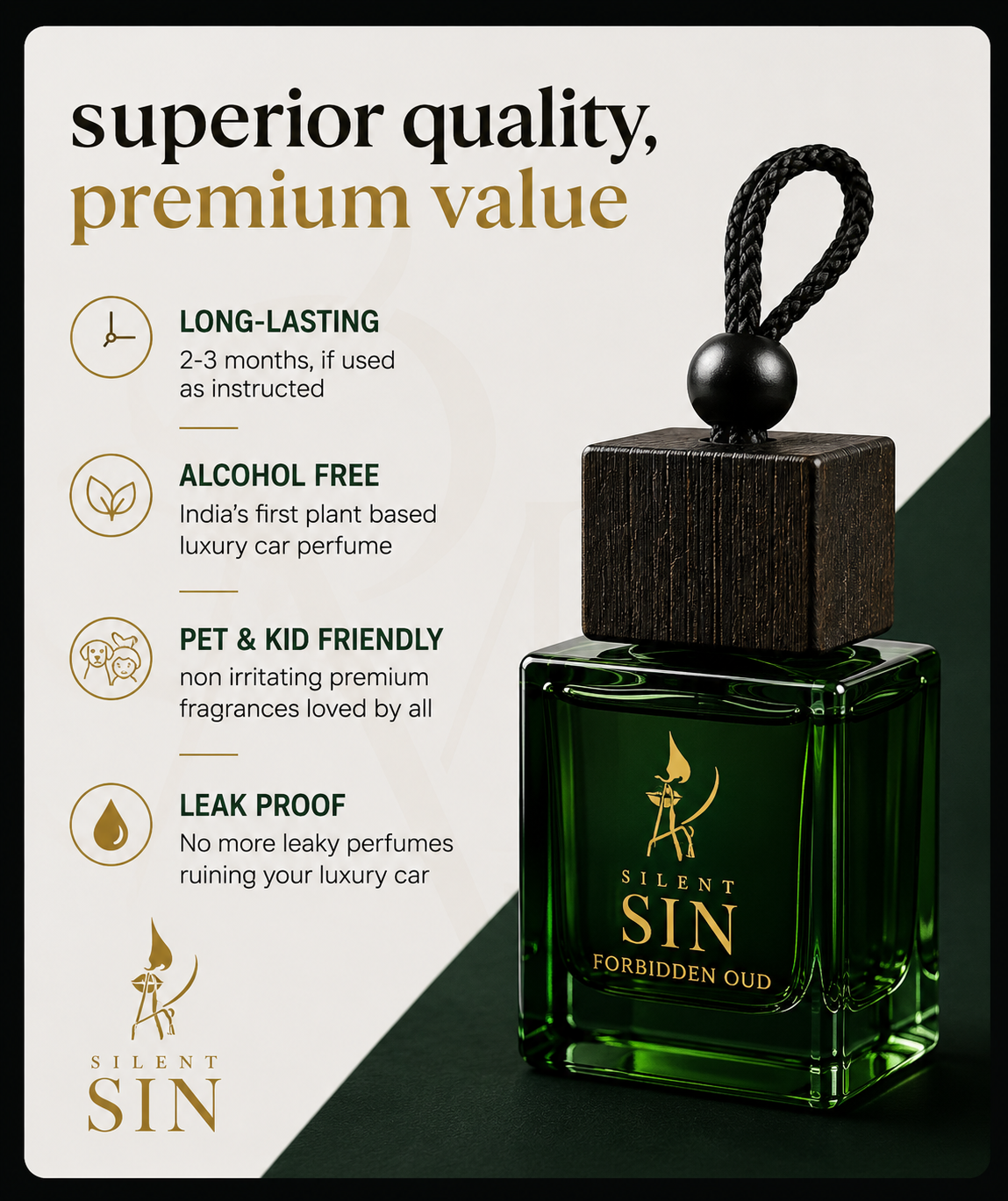 Silent Sin Forbidden Oud car perfume bottle in a dark green glass container with a dark wood-grain cap and black loop, shown on a split beige and dark green background with marketing text.