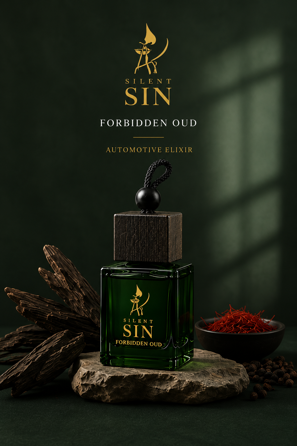 A bottle of Silent Sin Forbidden Oud Automotive Elixir perfume is displayed on a stone slab with driftwood and saffron threads against a dark green background with window shadow lighting.