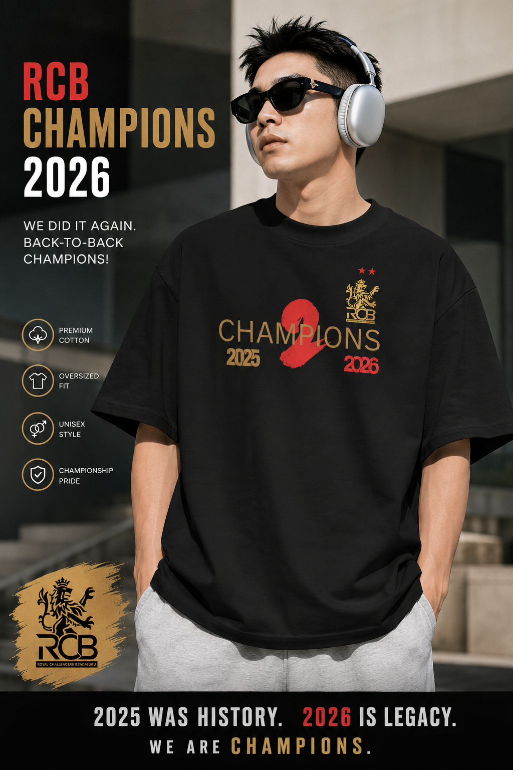 Person wearing a black t-shirt with 'Champions 2026' text and RCB logo, standing outdoors. RCB Champions Tshirt from Nitorious Atelier 