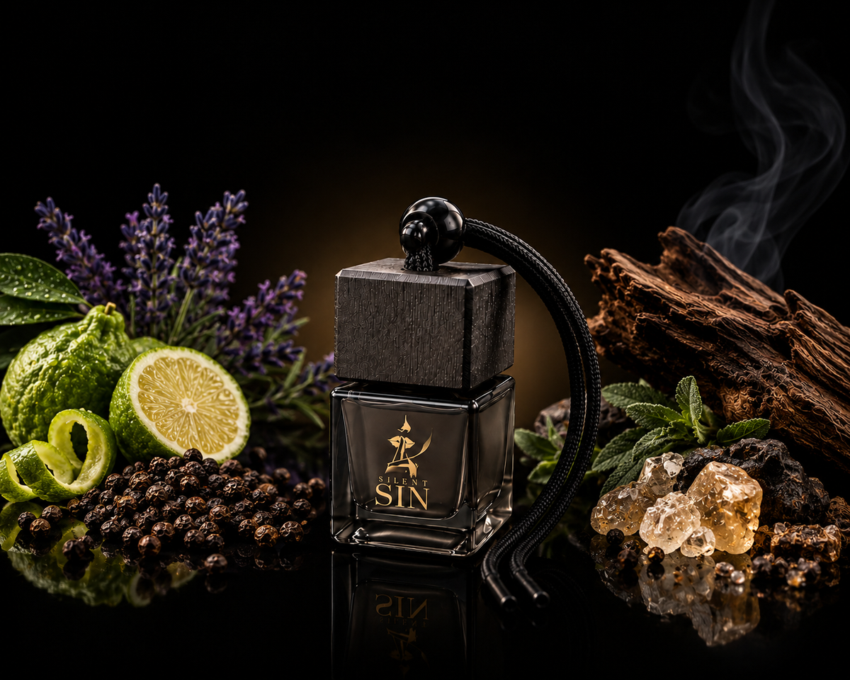 A dark glass fragrance bottle labeled SIN with a black cap and hanging cord, styled with citrus, purple flowers, peppercorns, crystals, and wood on a black reflective background. Silent Sin Automotive Elixir Car Fragrance