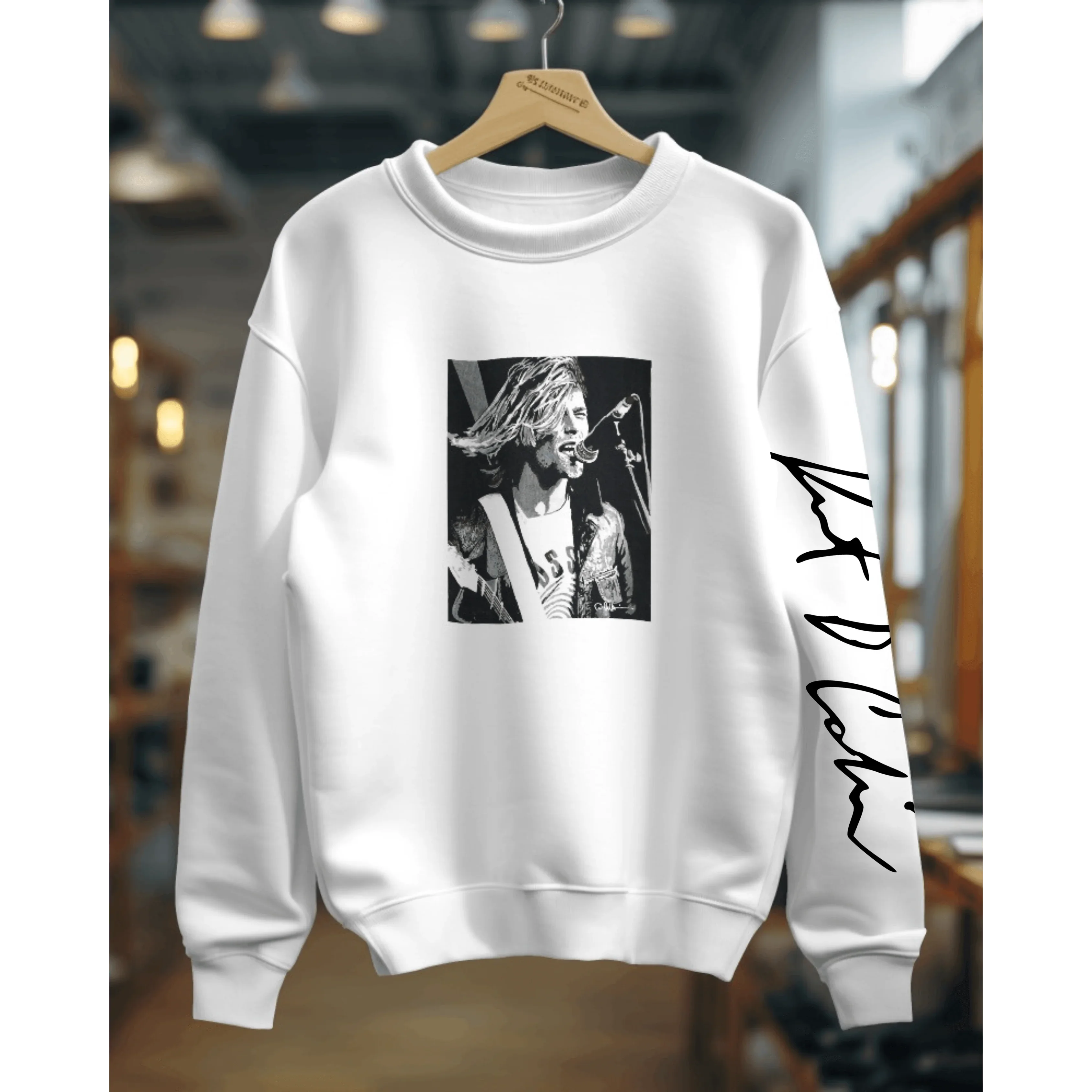 Kurt Cobain Luxe sweatshirt from Nitorious Atelier in a soft, premium cotton blend. Featuring an artistic graphic tribute to the iconic musician, this sweatshirt offers a comfortable and stylish fit, perfect for fans of grunge and alternative music.