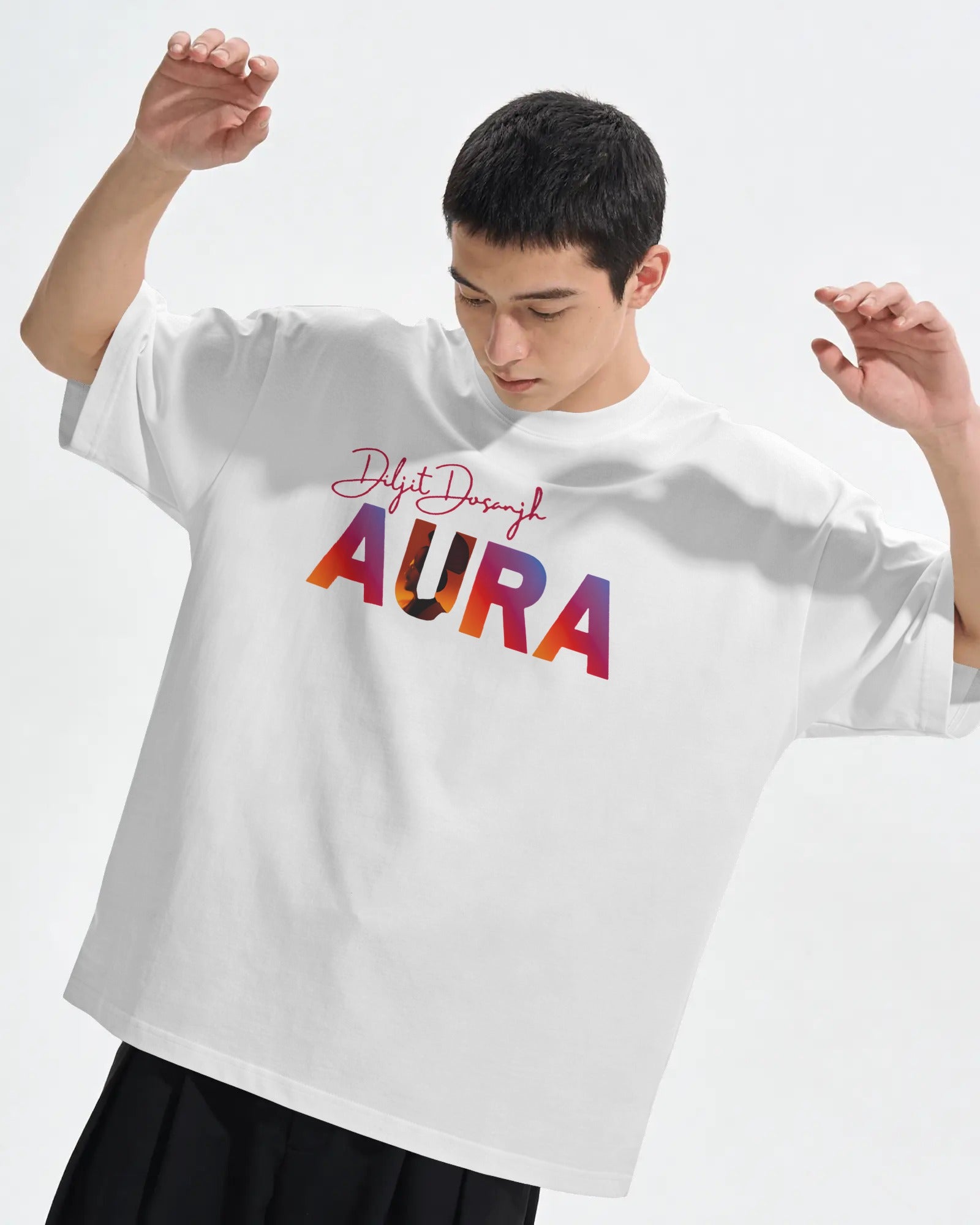 Minimal white oversized tshirt with Diljit Dosanjh Aura front print