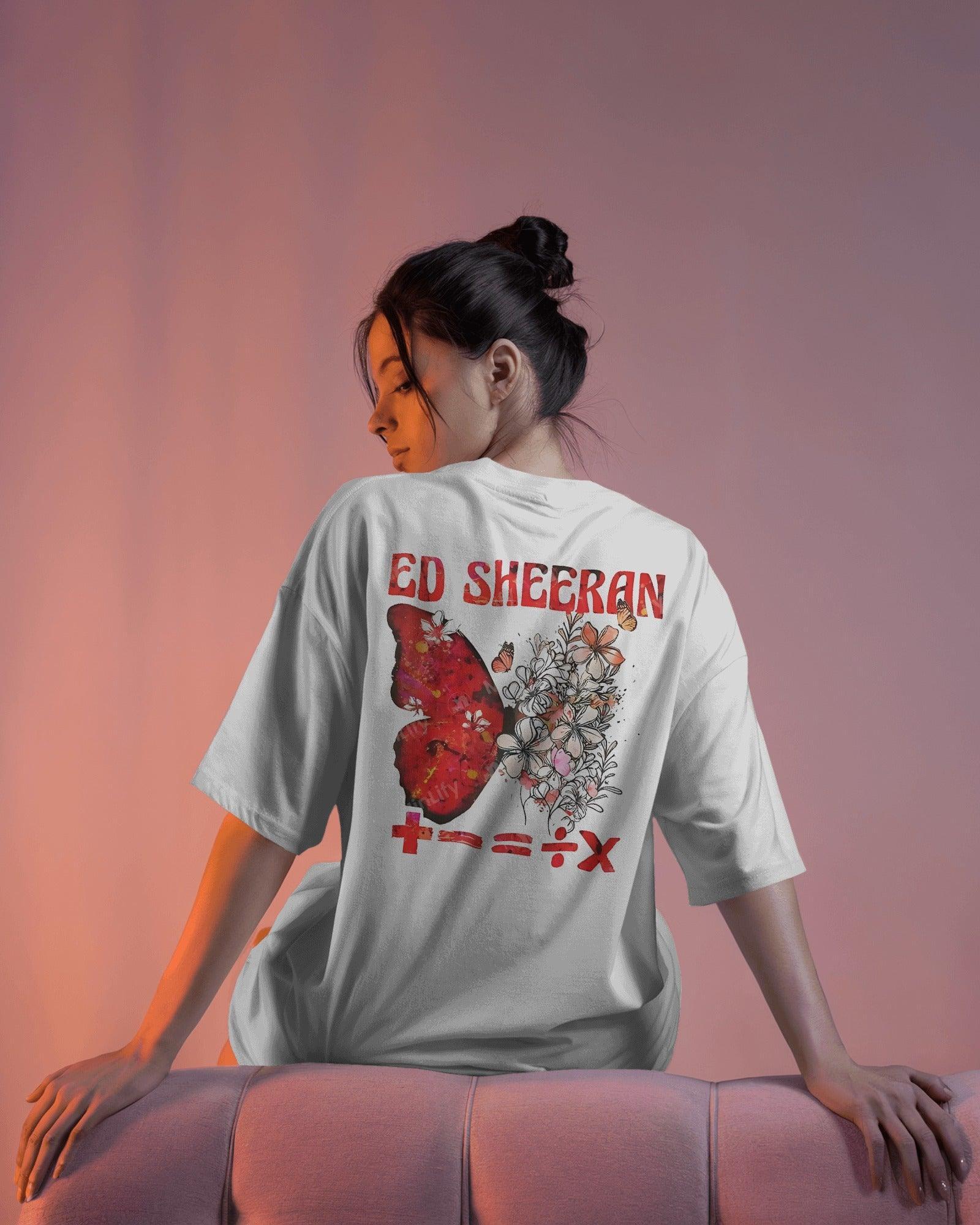 White oversized Ed Sheeran t-shirt from Nitorious Atelier featuring a striking red butterfly graphic alongside the iconic singer-songwriter. Crafted from premium cotton, this t-shirt offers a soft, breathable, and relaxed fit for all-day comfort and style.