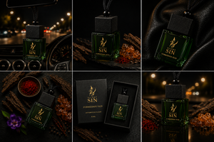 Six-panel collage showing a green glass fragrance bottle labeled Forbidden Oud by Silent SIN , presented with a black box and a smaller matching bottle. The collage includes close-ups of the bottle, the box, and styled scenes with dried botanicals, red powder, and warm blurred lights. Best Oud Car perfume in India