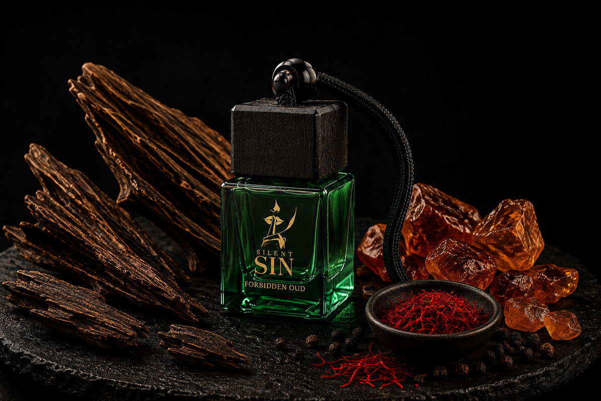 A green glass perfume bottle labeled 'FORBIDDEN OUD by Silent Sin' with a black cap and black cord, styled on a dark surface with dried brown roots, amber crystals, and a small bowl of red saffron against a black background. Best Car perfume in India