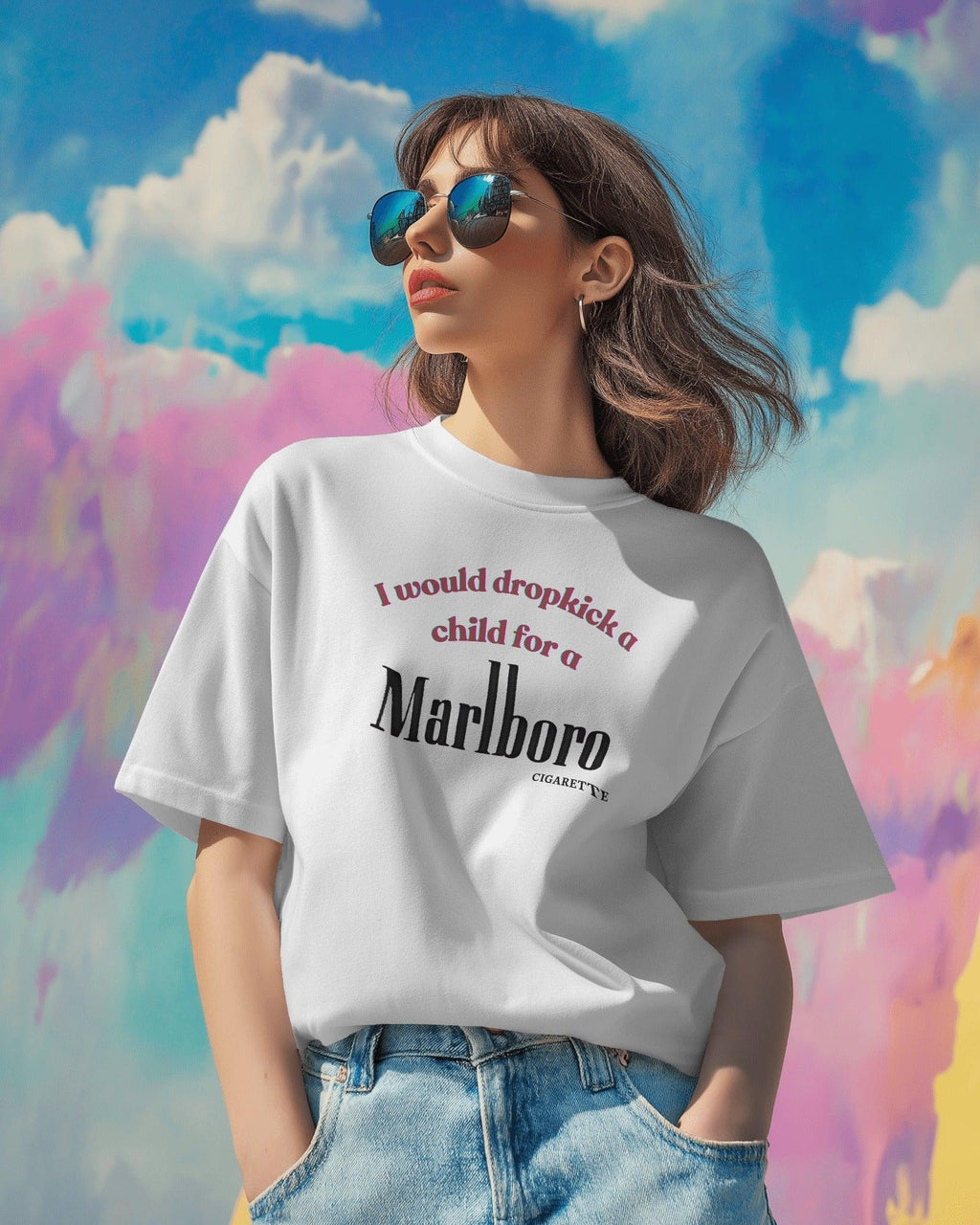 White oversized t-shirt featuring a bold, edgy text design. The statement 'I would dropkick a child for a Marlboro cigarette' is printed in a mix of red and black fonts, adding a rebellious streetwear vibe. Made from premium cotton, this t-shirt blends comfort with a striking, ironic aesthetic