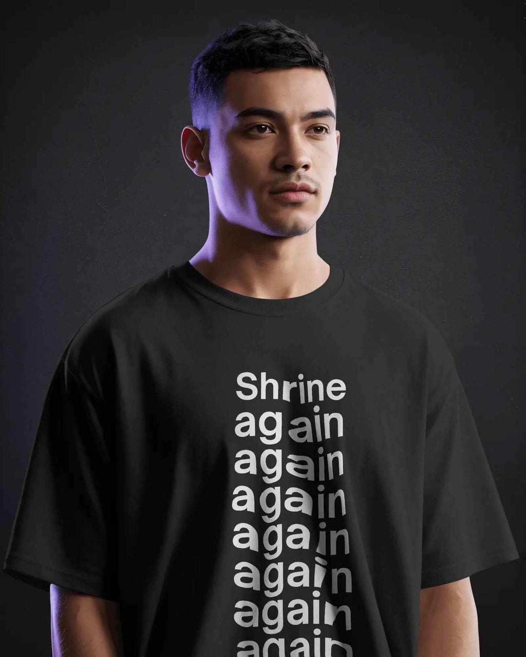 Fred Again oversized black tee featuring vertical Again typography design