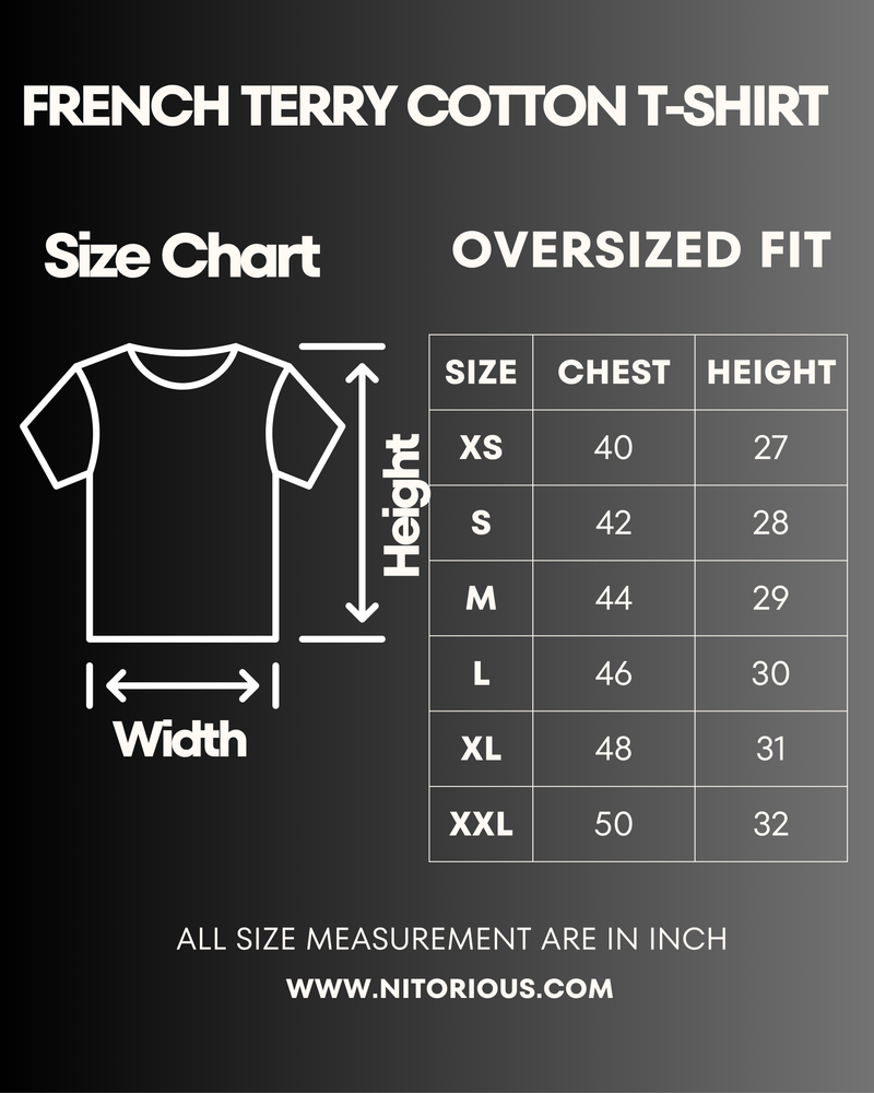 Size chart for RCB Legacy 2.0 Oversized Black Tshirt