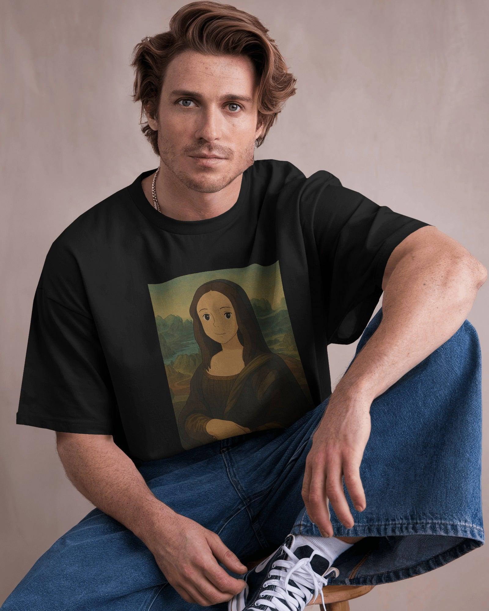 Black oversized t-shirt featuring a creative fusion of Ghibli art and the iconic Mona Lisa. The design reimagines the classic portrait in a whimsical anime-inspired style, printed on premium cotton for superior comfort and durability.