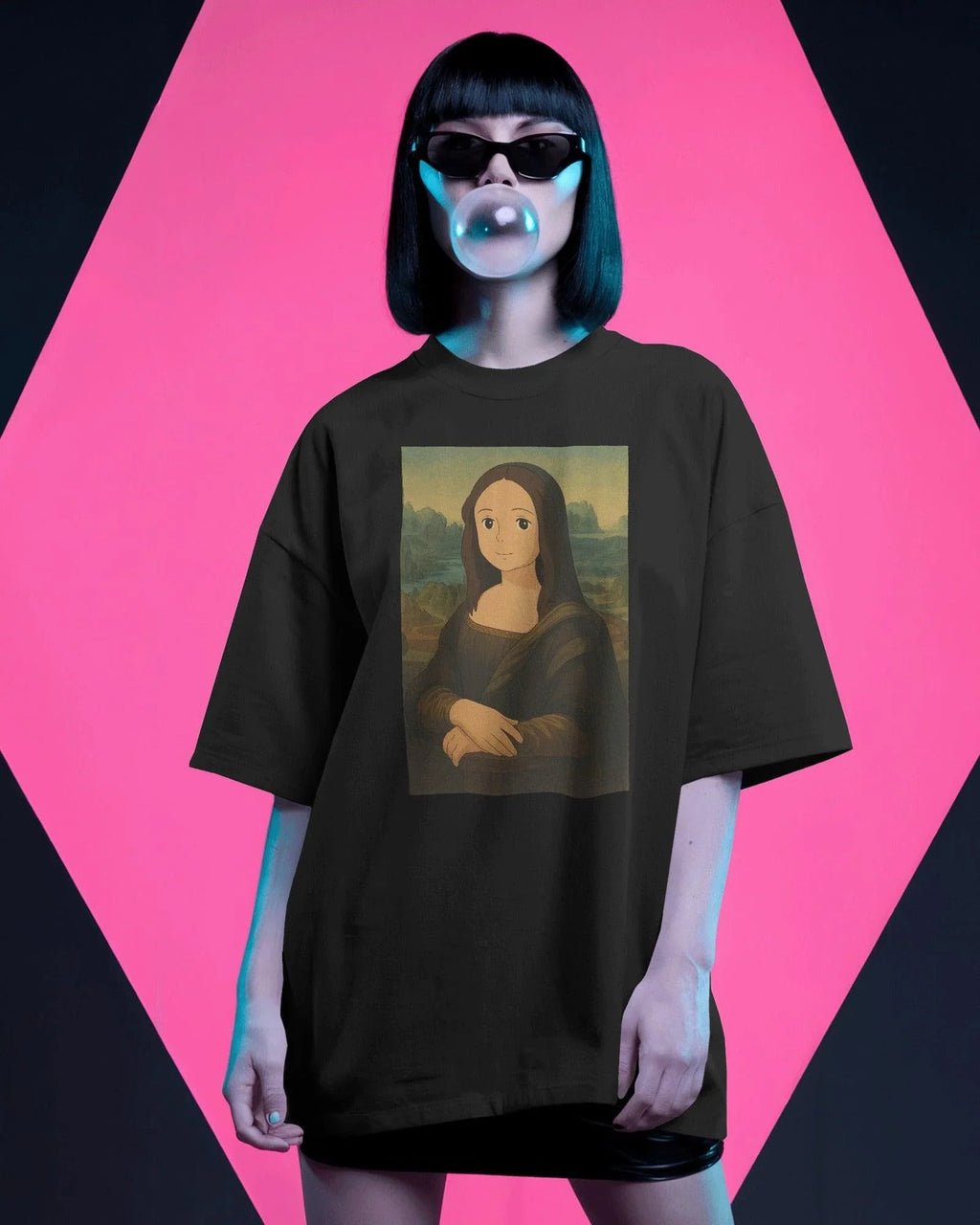 Black oversized t-shirt featuring a creative fusion of Ghibli art and the iconic Mona Lisa. The design reimagines the classic portrait in a whimsical anime-inspired style, printed on premium cotton for superior comfort and durability.