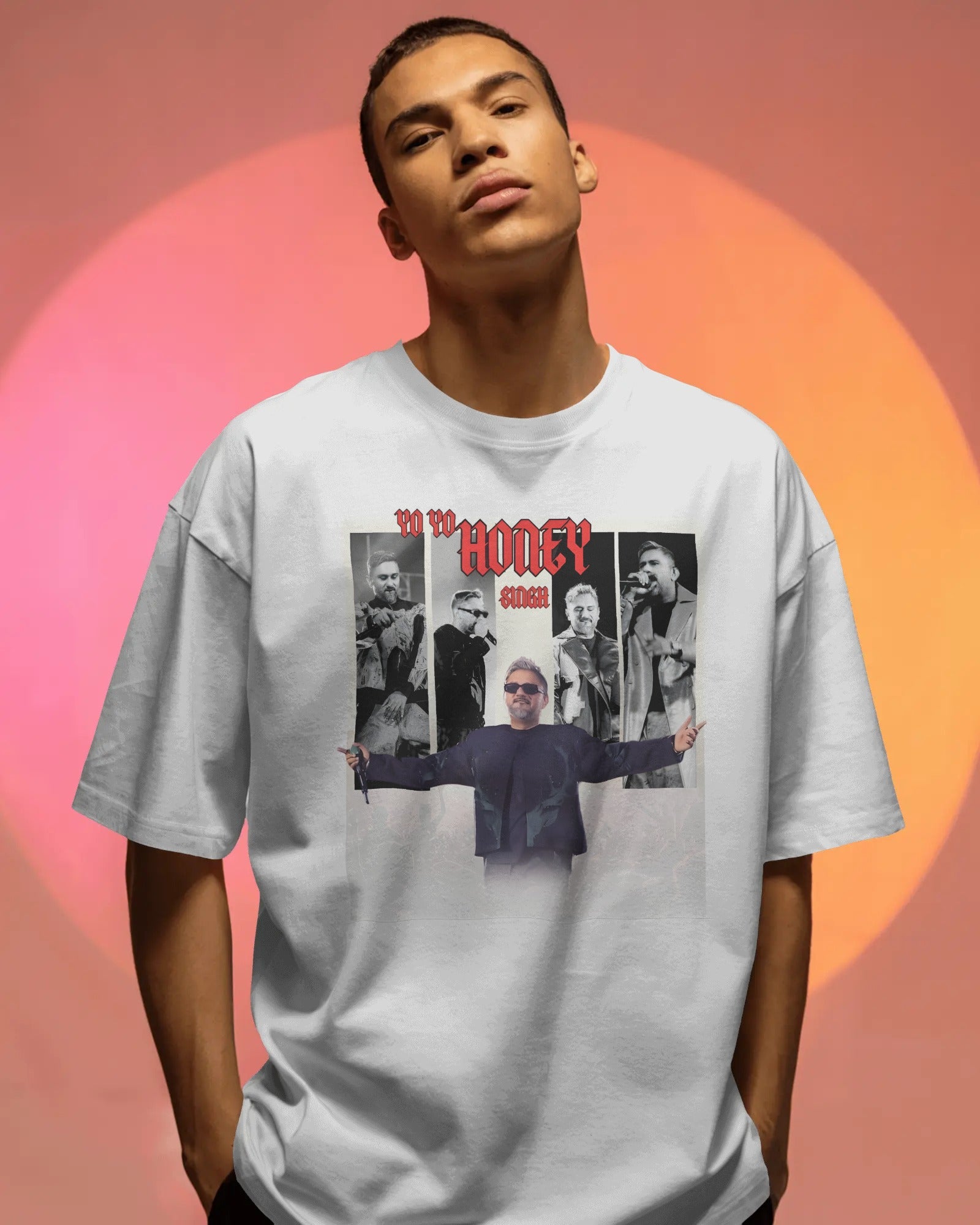 Honey Singh concert collage oversized white t-shirt with stage graphic