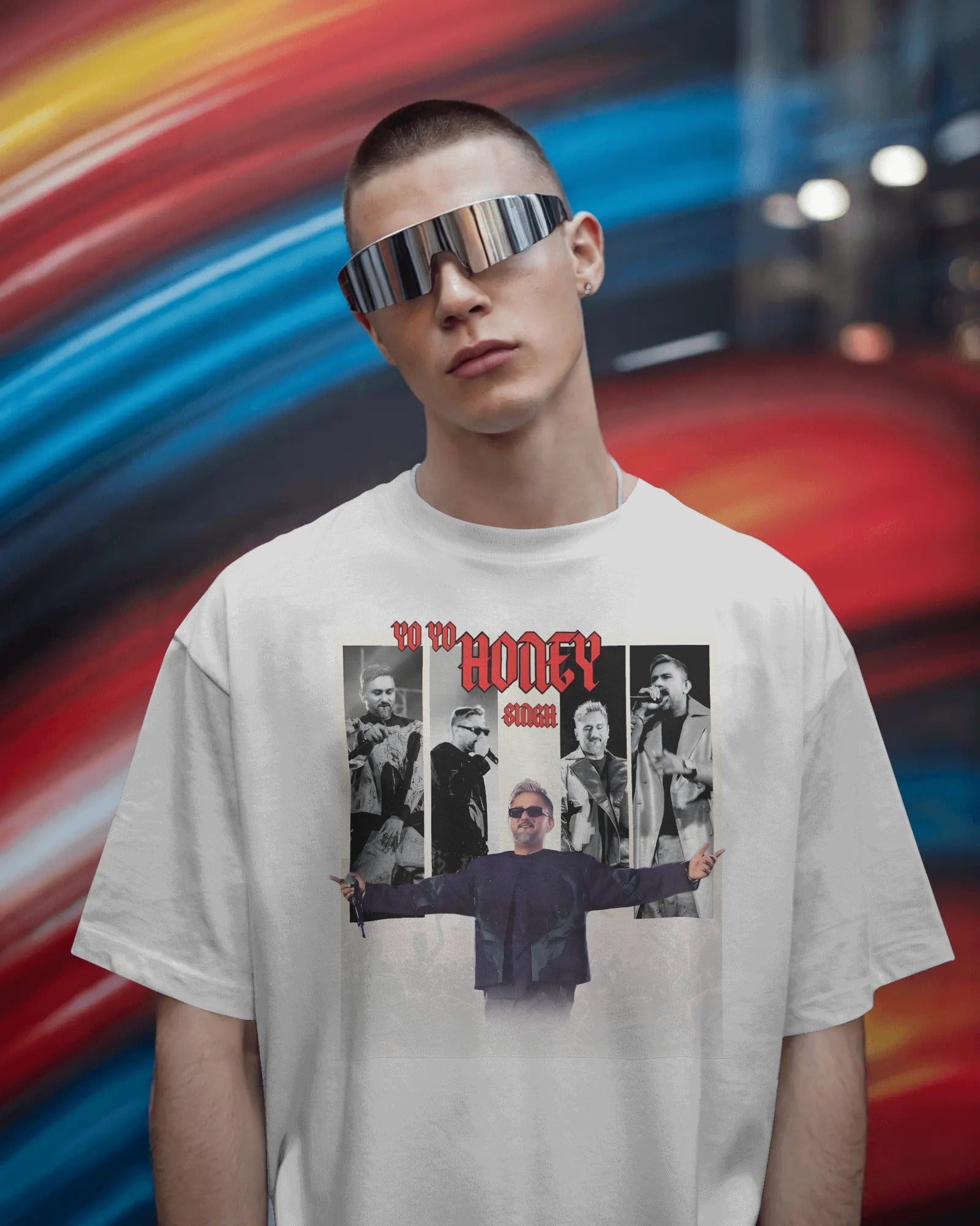 Streetwear oversized white t-shirt with Honey Singh concert performance graphic