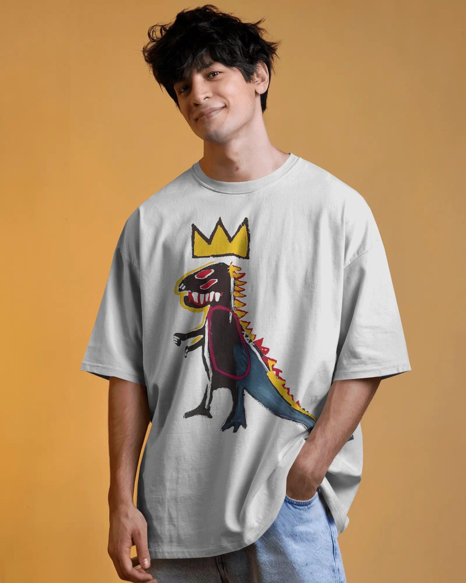 Black oversized t-shirt featuring a vibrant Jean-Michel Basquiat dinosaur artwork. Crafted from premium cotton, this t-shirt combines street art and fashion with a bold, expressive design.