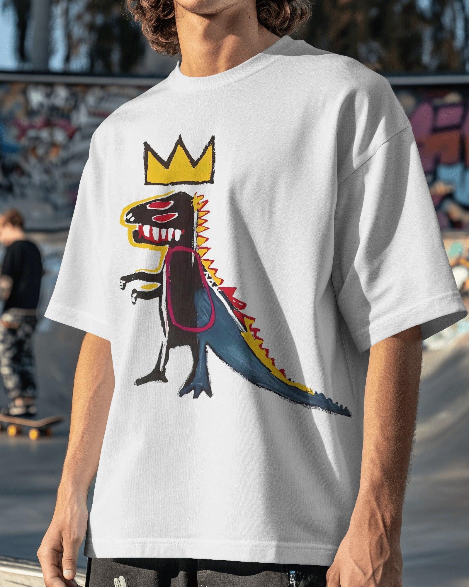 Black oversized t-shirt featuring a vibrant Jean-Michel Basquiat dinosaur artwork. Crafted from premium cotton, this t-shirt combines street art and fashion with a bold, expressive design.