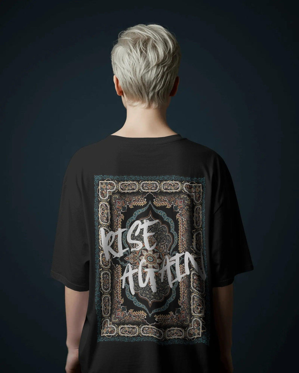 Black oversized t-shirt from Nitorious Atelier featuring a bold Kilim-inspired print. Made from premium cotton for comfort, style, and cultural flair.