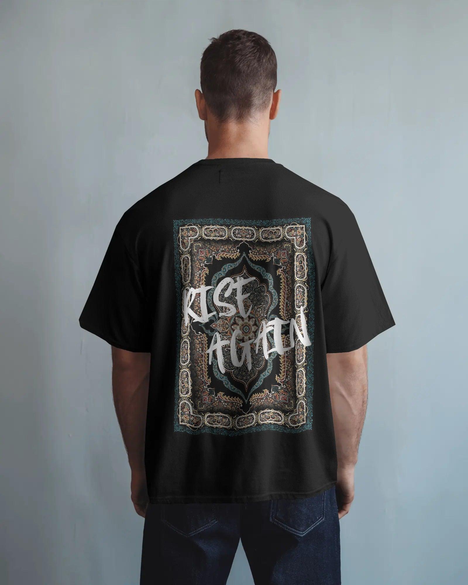 Black oversized t-shirt from Nitorious Atelier featuring a bold Kilim-inspired print. Made from premium cotton for comfort, style, and cultural flair.