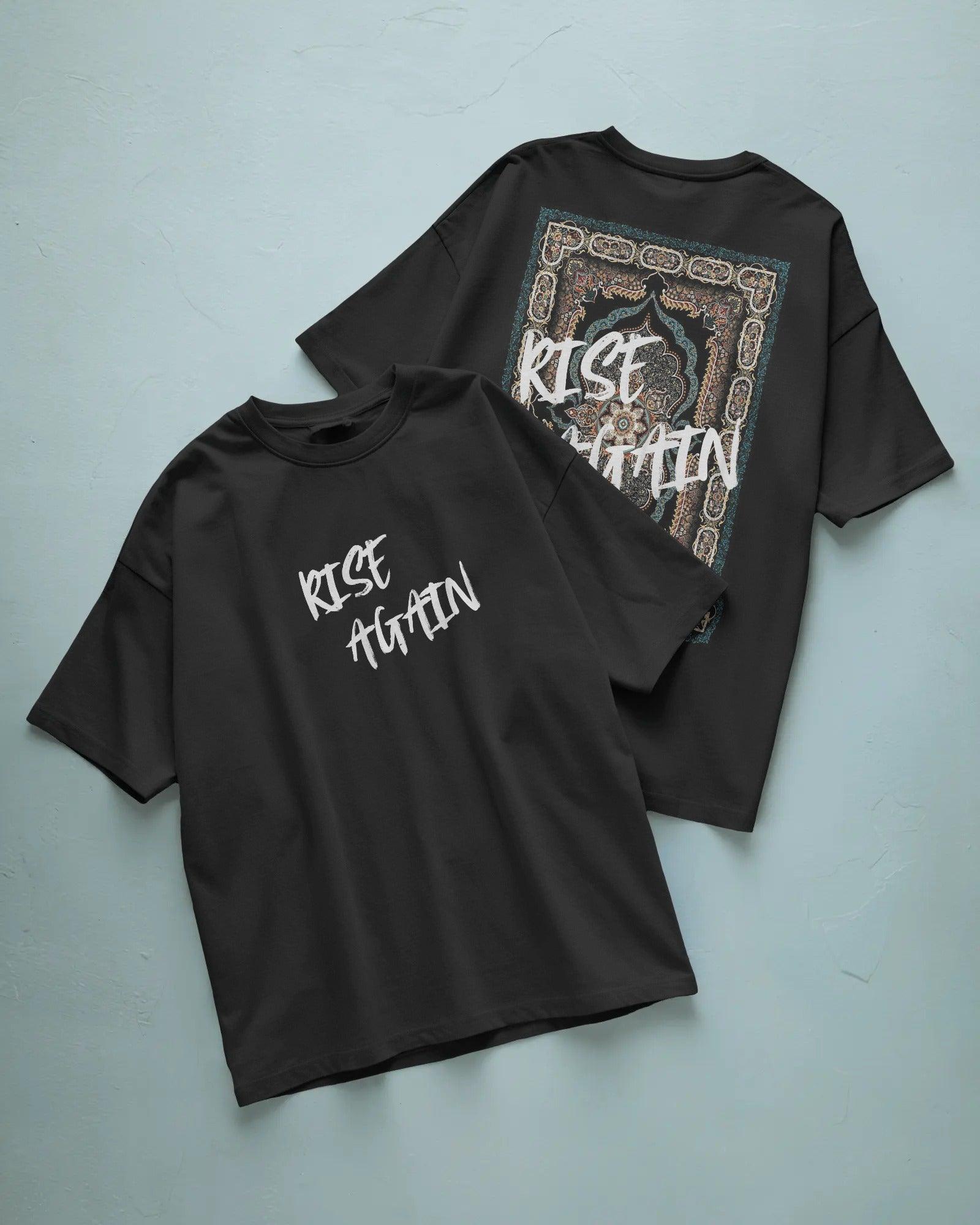 Black oversized t-shirt from Nitorious Atelier featuring a bold Kilim-inspired print. Made from premium cotton for comfort, style, and cultural flair.