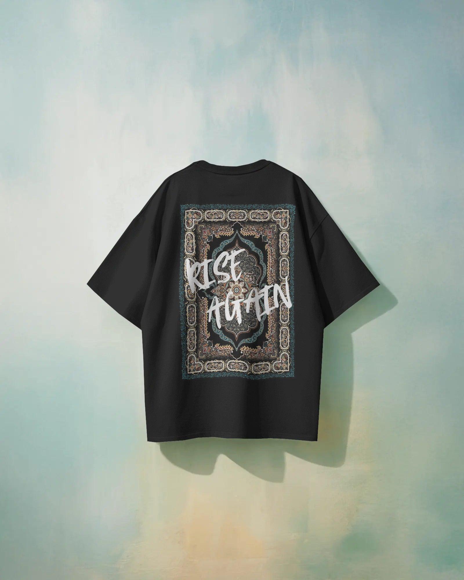 Black oversized t-shirt from Nitorious Atelier featuring a bold Kilim-inspired print. Made from premium cotton for comfort, style, and cultural flair.