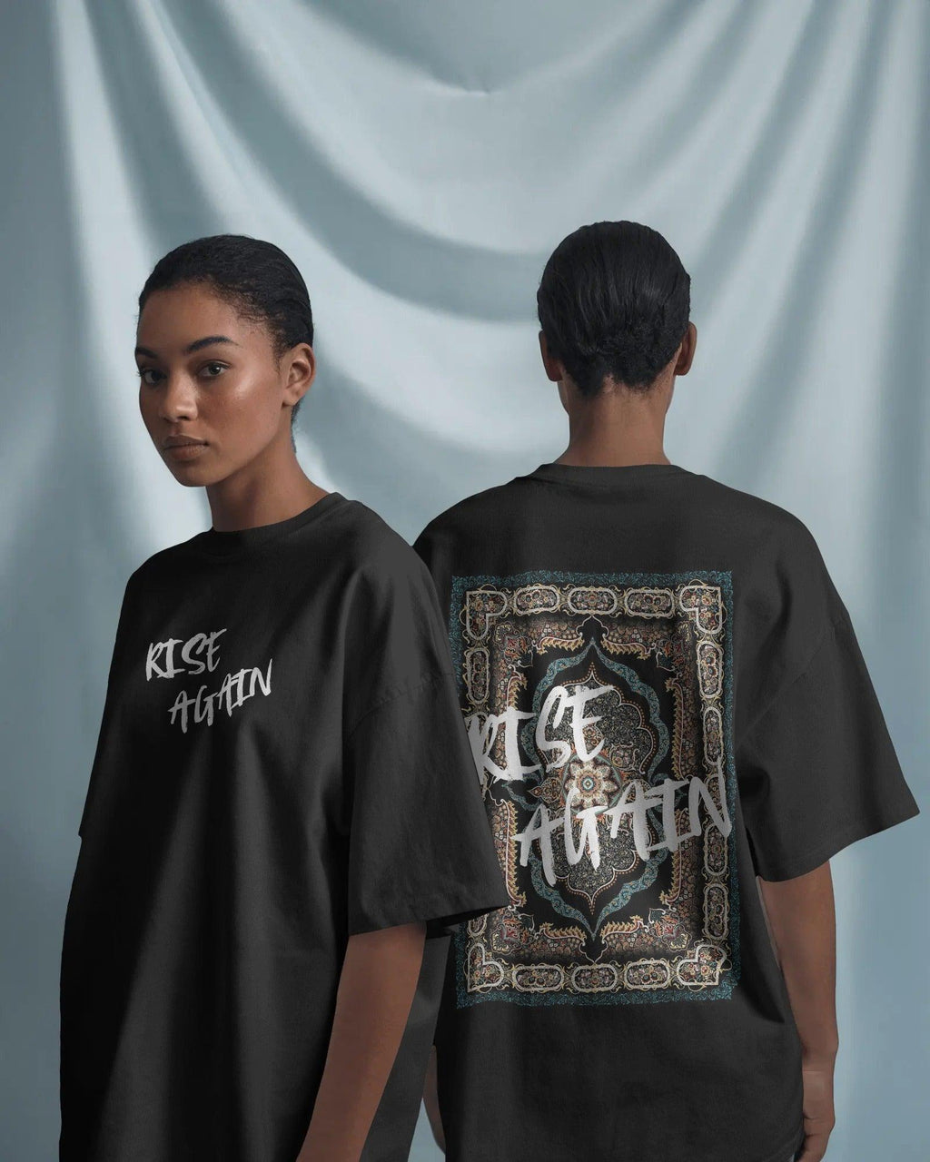Black oversized t-shirt from Nitorious Atelier featuring a bold Kilim-inspired print. Made from premium cotton for comfort, style, and cultural flair.