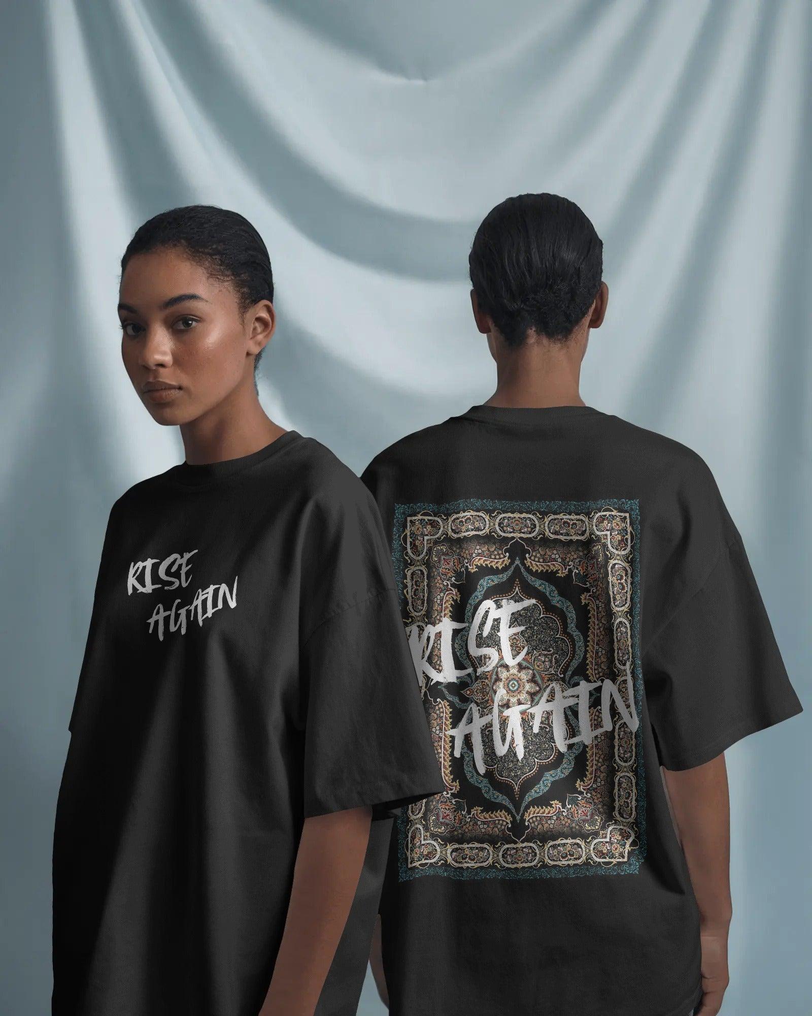 Black oversized t-shirt from Nitorious Atelier featuring a bold Kilim-inspired print. Made from premium cotton for comfort, style, and cultural flair.
