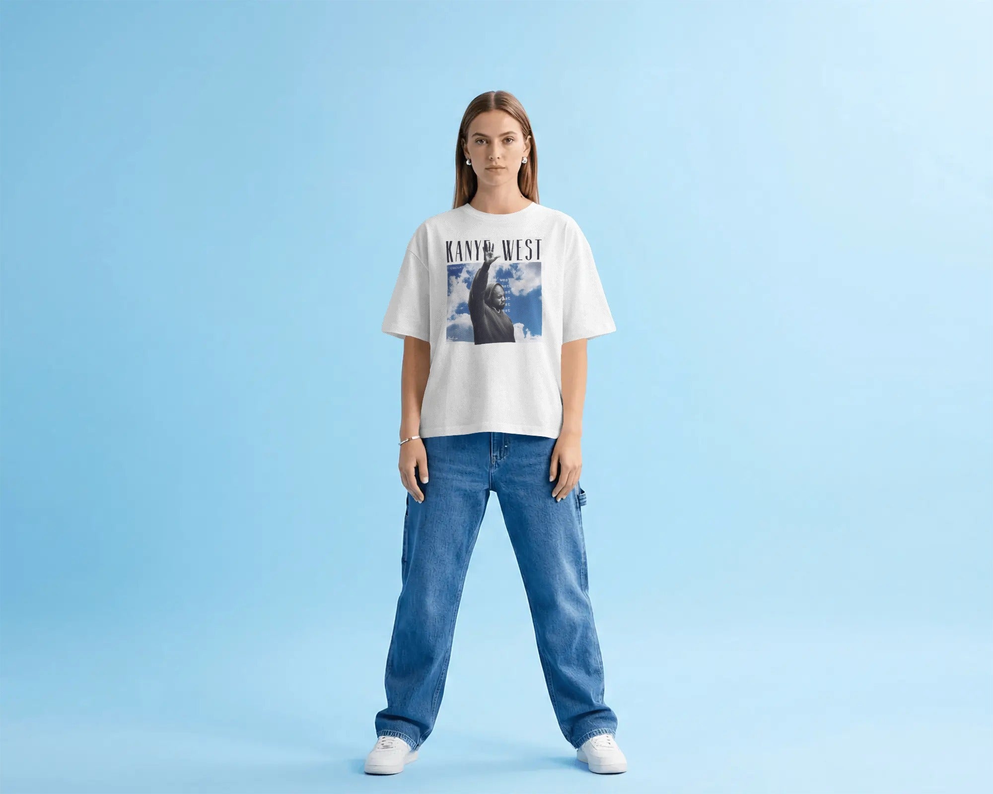 Streetwear oversized white t-shirt with Kanye West sky artwork and back typography