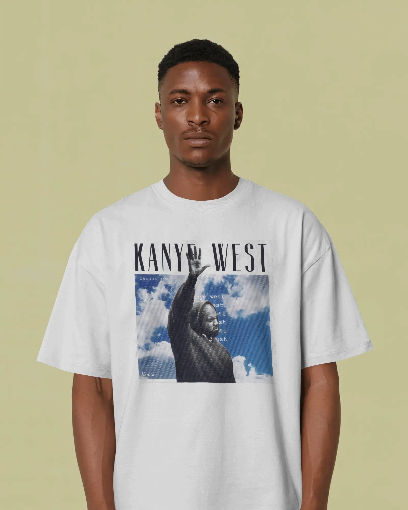 Streetwear oversized white t-shirt with Kanye West sky artwork from nitorious Atelier for Kanye West Ye Live India Concert