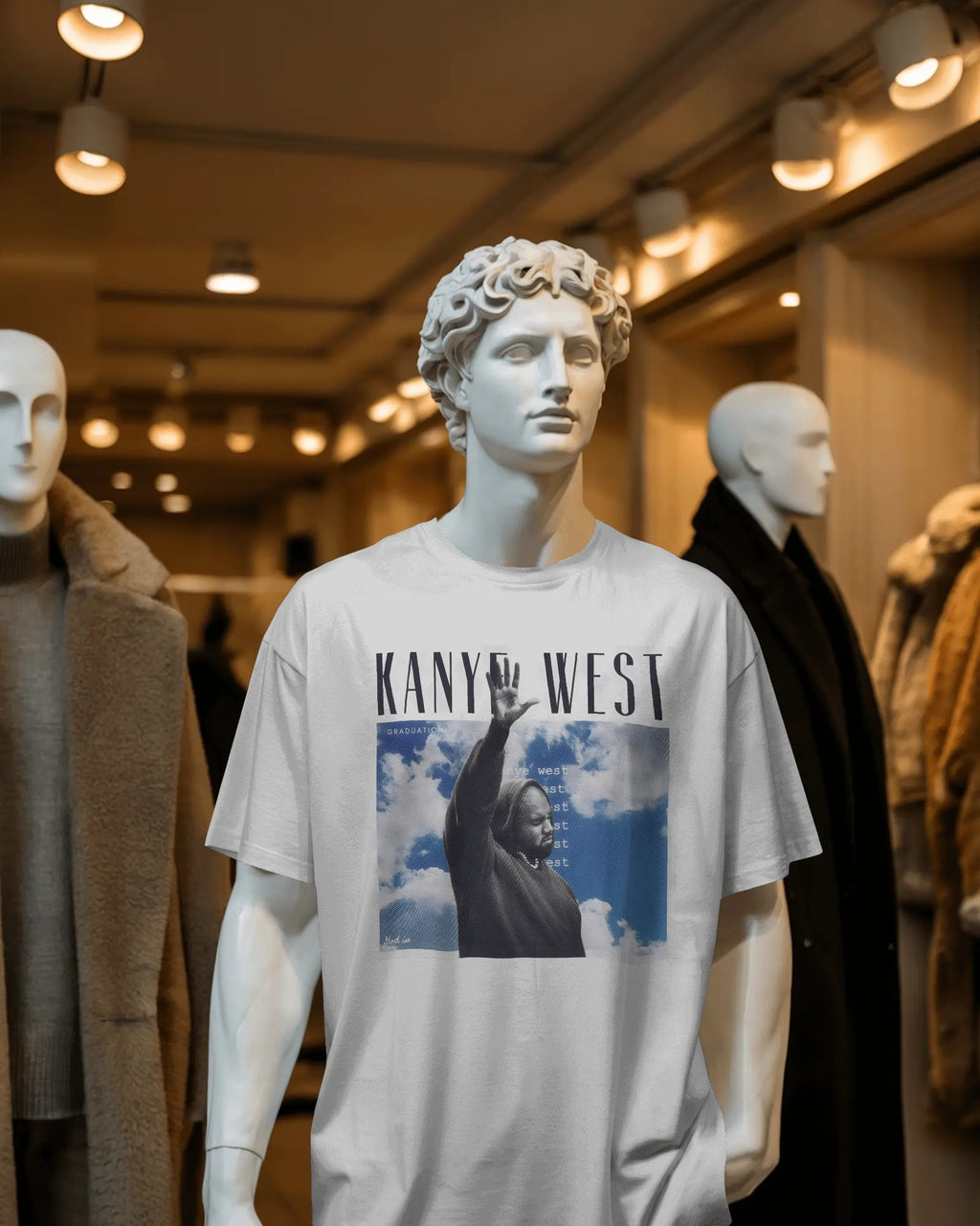 Streetwear oversized white t-shirt from nitorious Atelier for Kanye West Ye Live India Concert with Kanye West sky artwork 