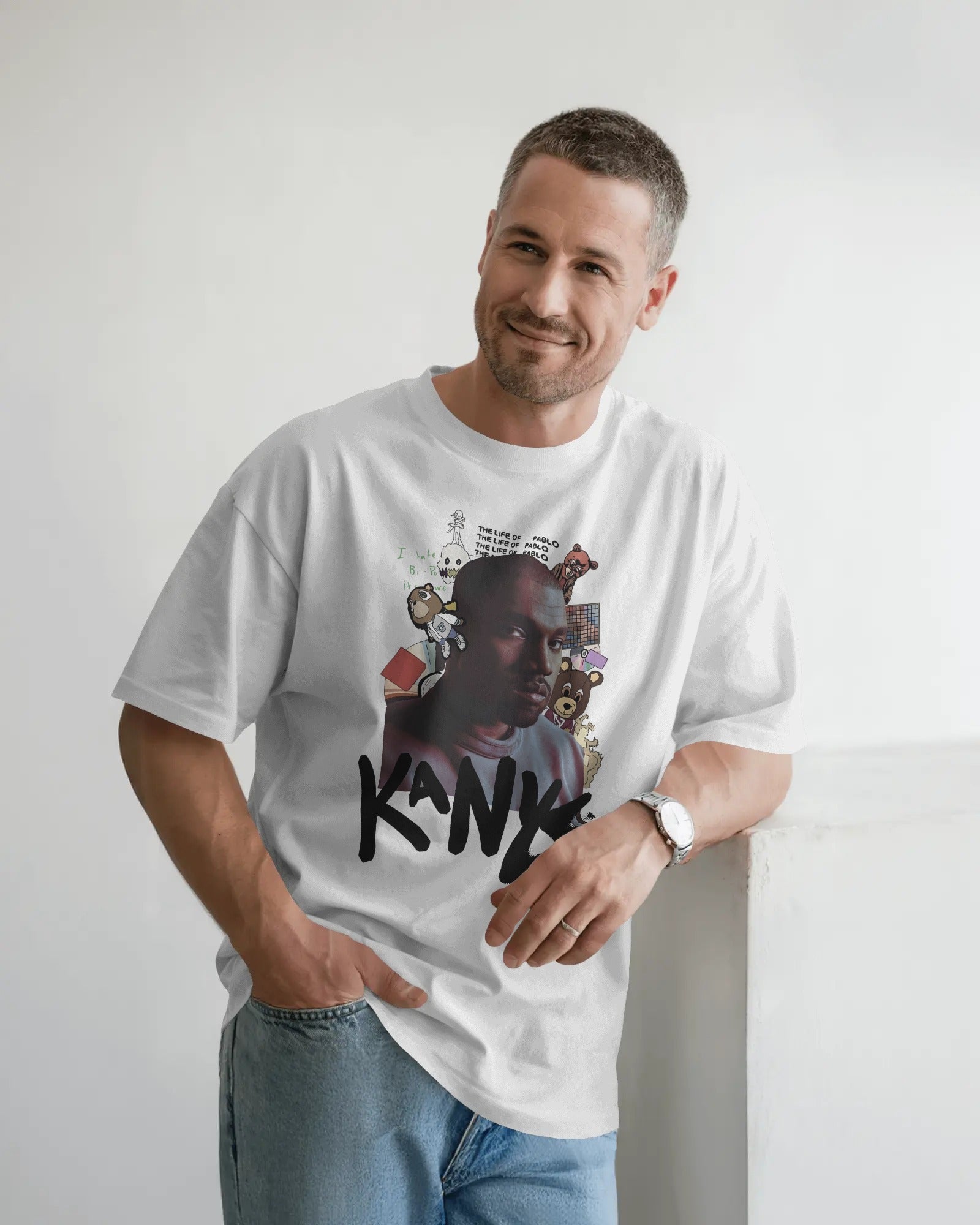Premium 220 GSM cotton oversized white tee with Kanye West artwork